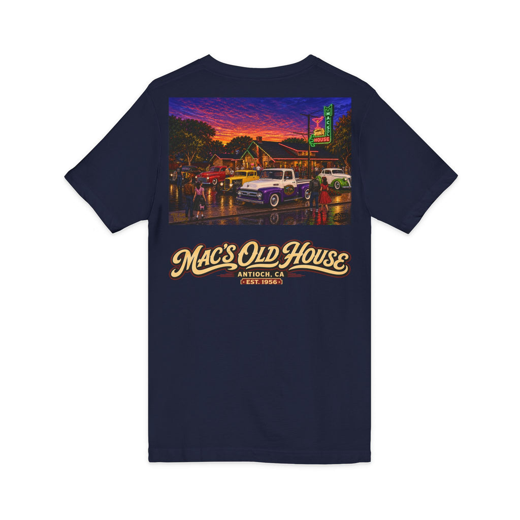 Mac's Old House V-Neck Tee — Retro Diner & Classic Cars Graphic Shirt