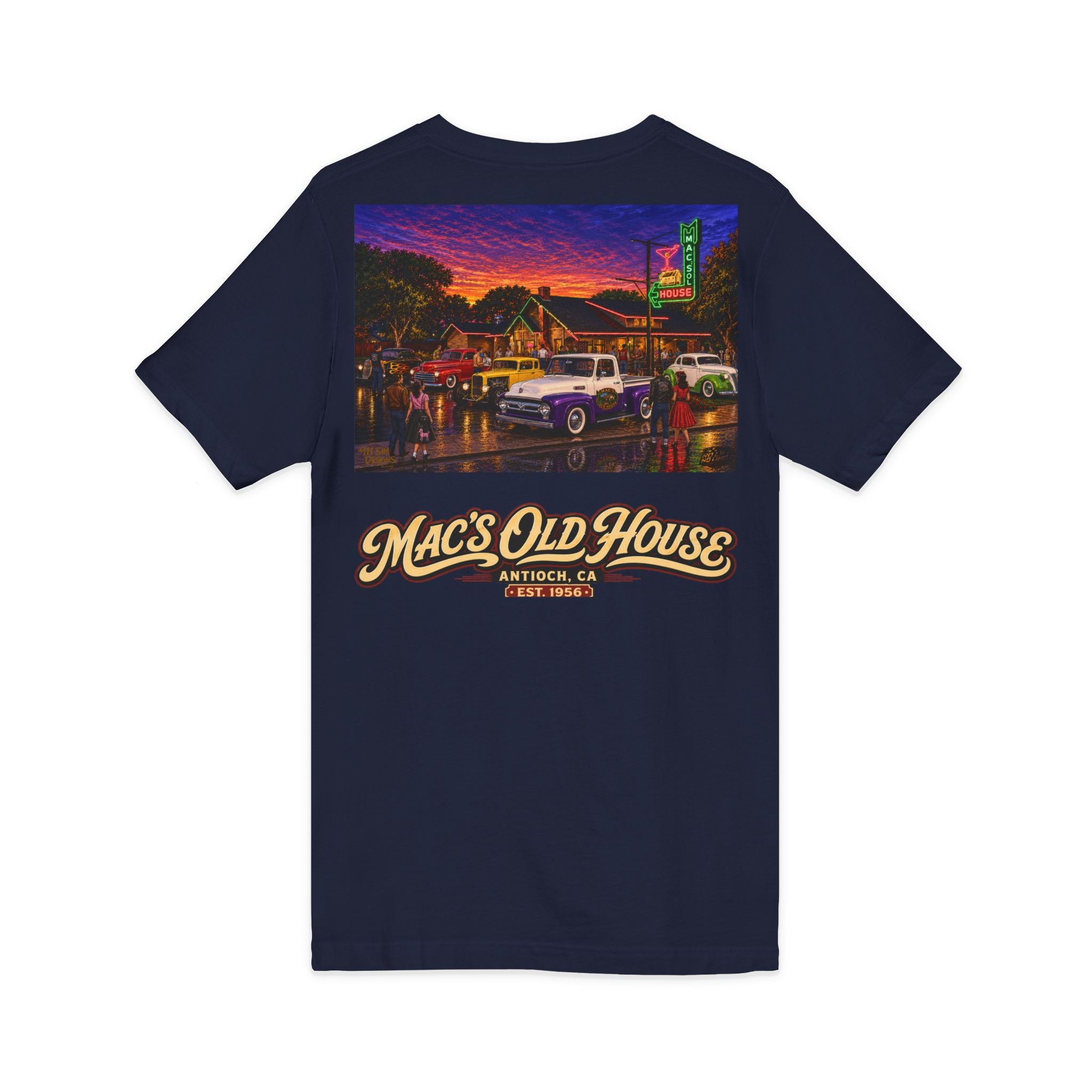 Mac's Old House V-Neck Tee — Retro Diner & Classic Cars Graphic Shirt