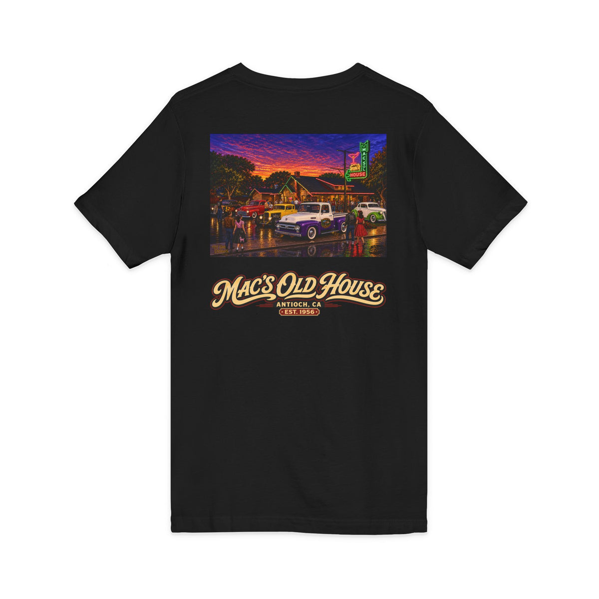 Mac's Old House V-Neck Tee — Retro Diner & Classic Cars Graphic Shirt