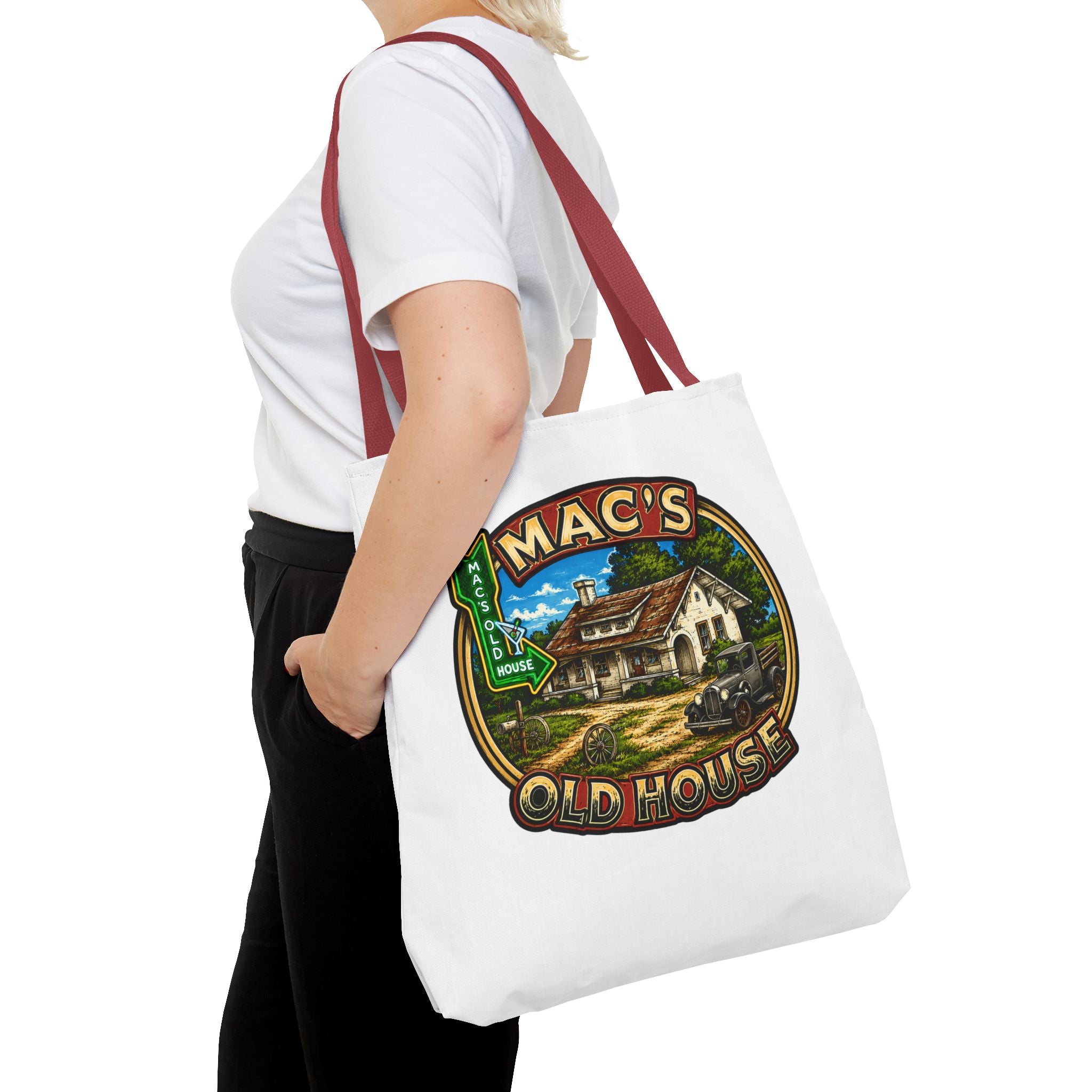 Mac's Old House Tote Bag — Vintage Route 66 Retro Diner Beach Town Carryall