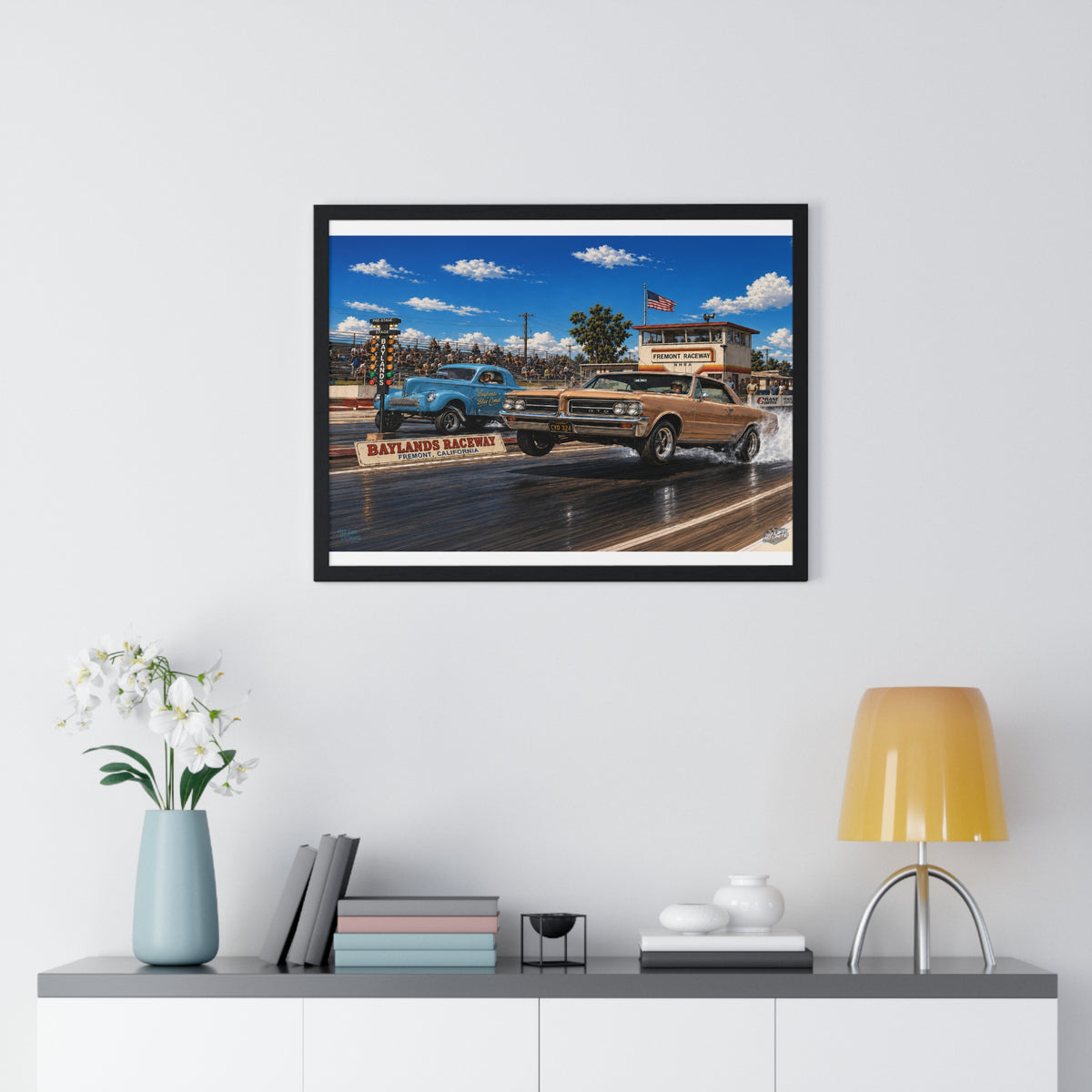 Drag Race Vintage Poster — Horizontal Framed Poster | Baylands Raceway Classic Cars Print
