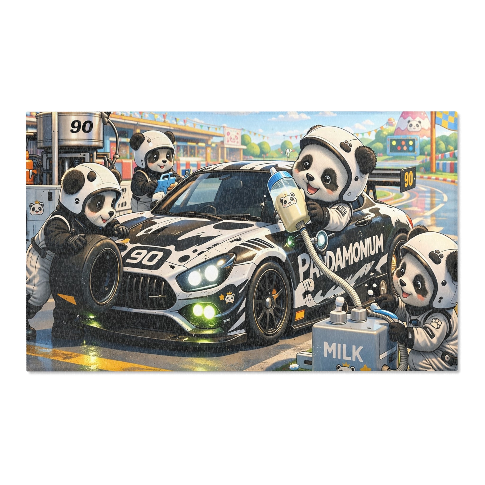 Panda Pit Crew Area Rug — Cute Racing Scene Floor Mat