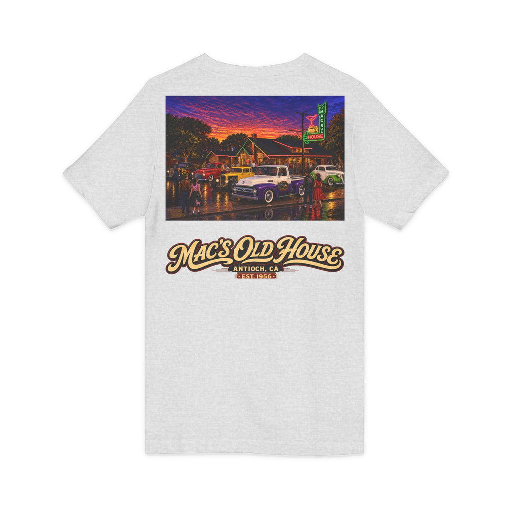 Mac's Old House V-Neck Tee — Retro Diner & Classic Cars Graphic Shirt