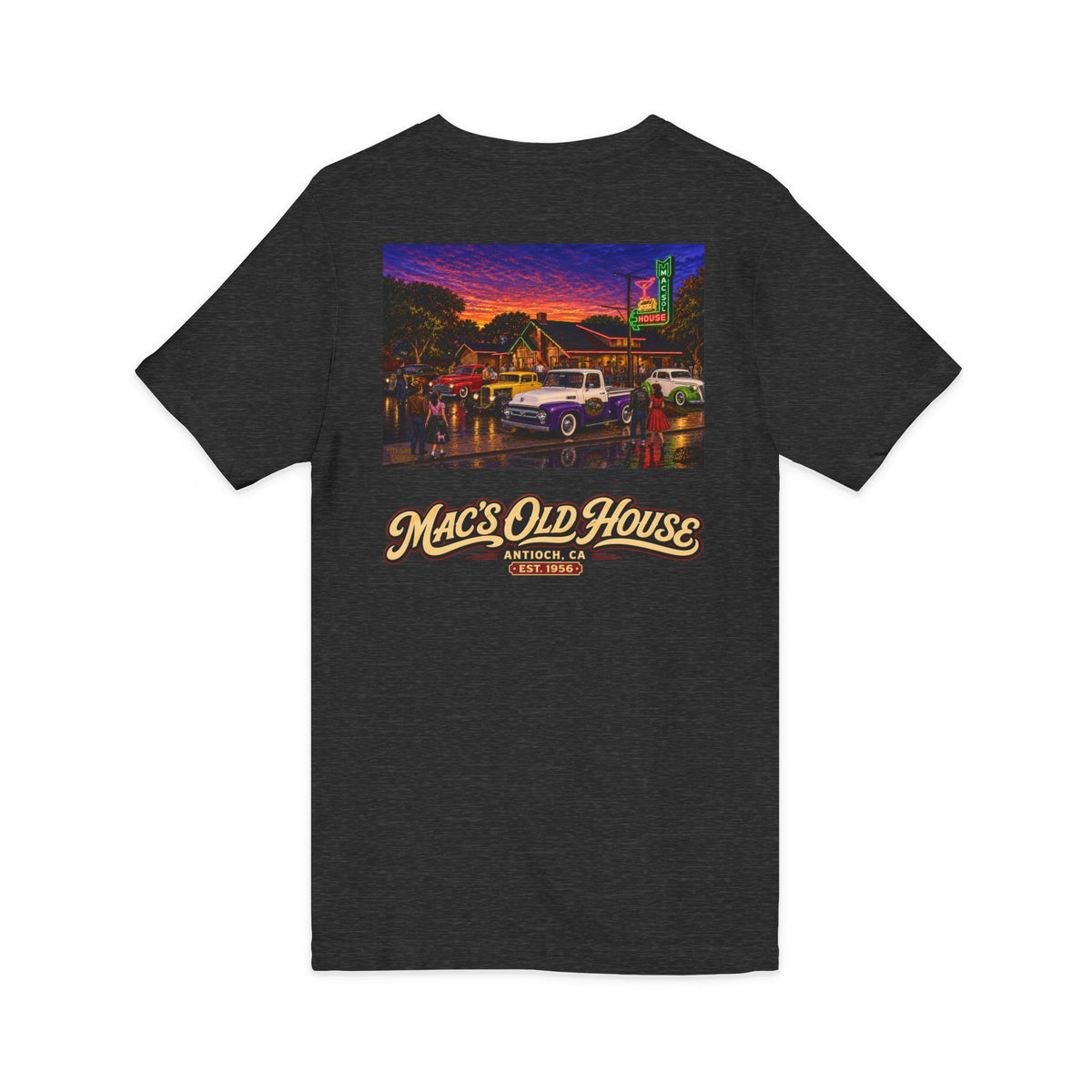 Mac's Old House V-Neck Tee — Retro Diner & Classic Cars Graphic Shirt