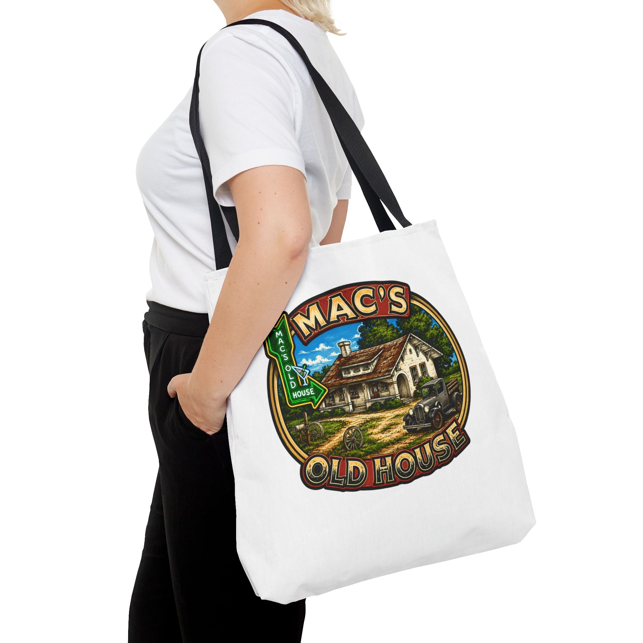 Mac's Old House Tote Bag — Vintage Route 66 Retro Diner Beach Town Carryall