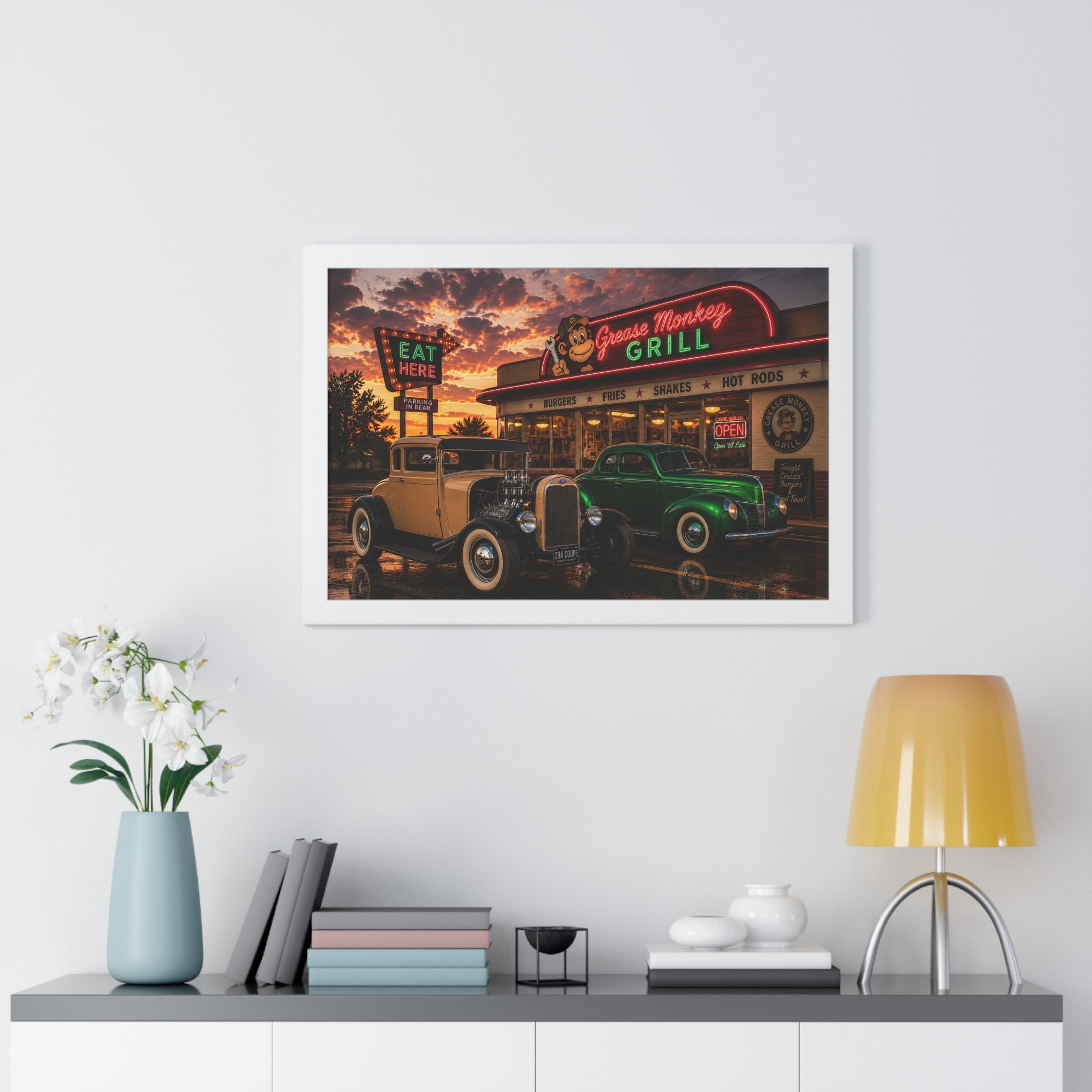Vintage Diner Car Poster — Grease Monkey Grill Framed Horizontal Print