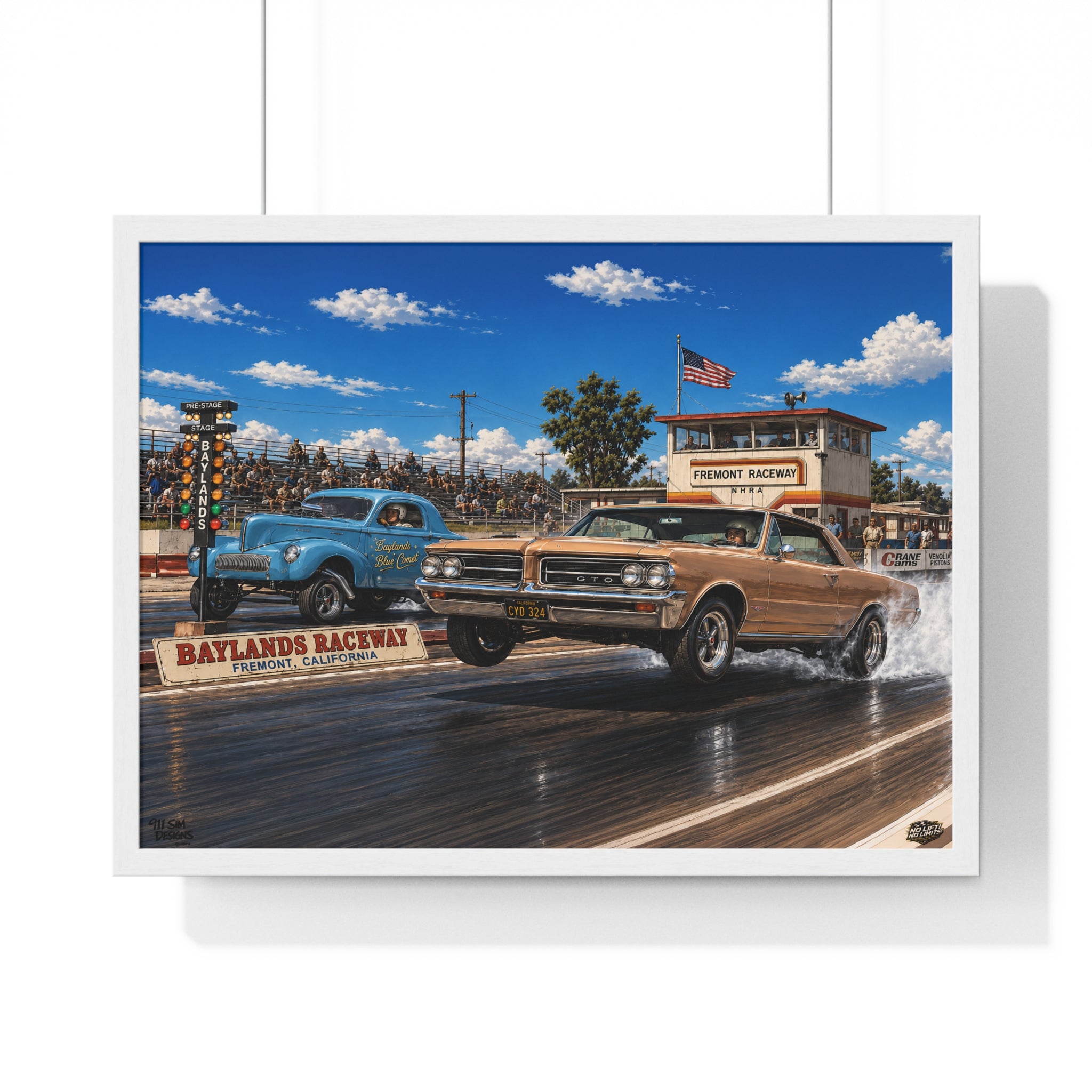 Drag Race Vintage Poster — Horizontal Framed Poster | Baylands Raceway Classic Cars Print