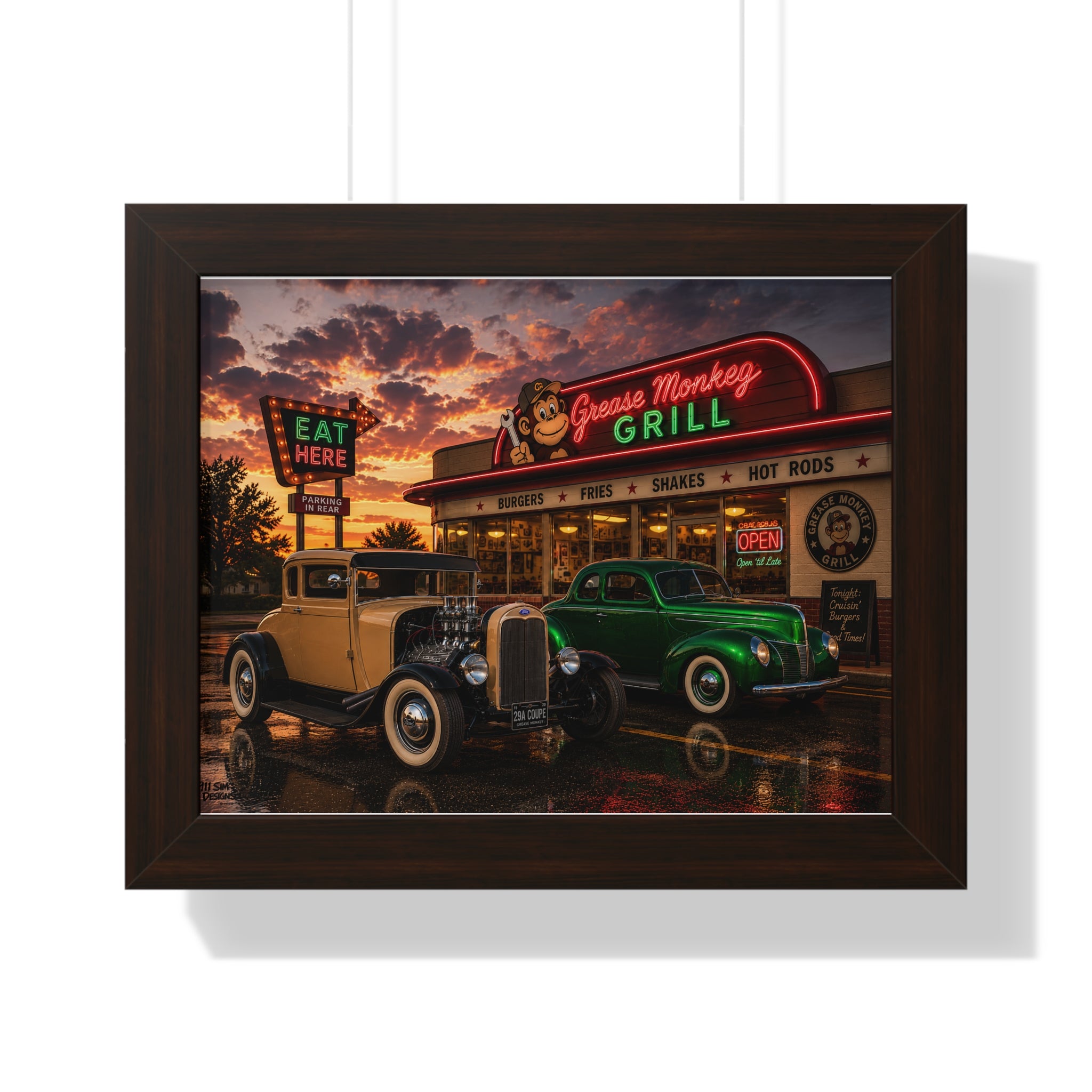 Vintage Diner Car Poster — Grease Monkey Grill Framed Horizontal Print