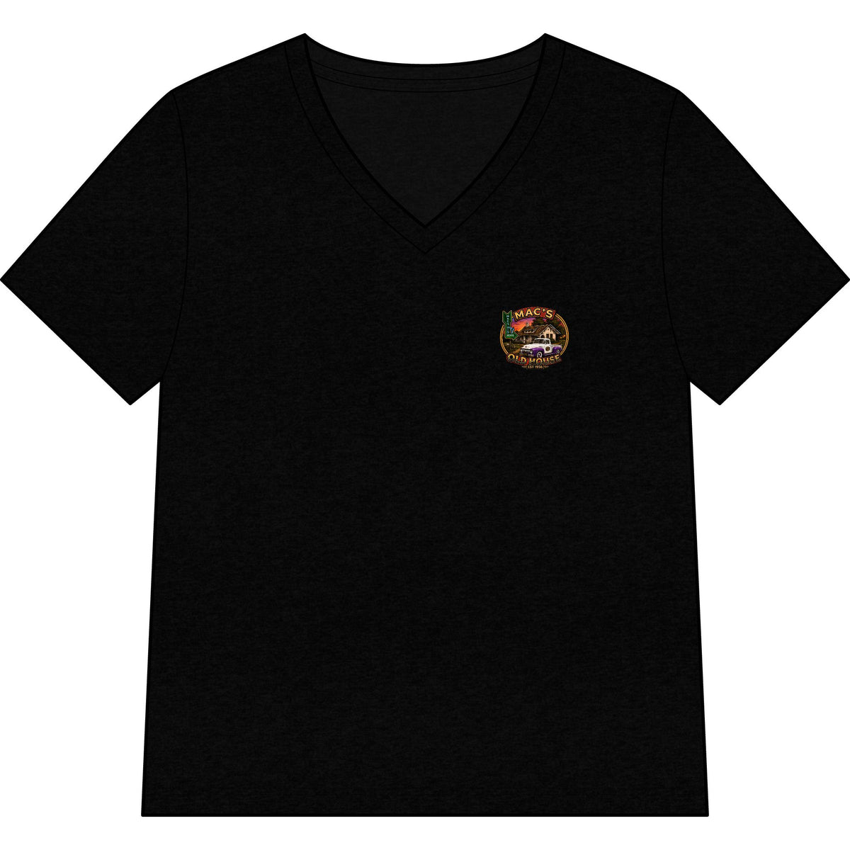 Mac’s Old House Vintage Car Tee — Classic Restaurant Logo V-Neck