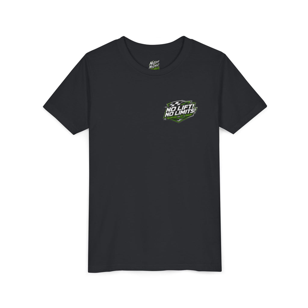Youth Tee — "No Lift, No Limits" Green Go-Kart Racing Graphic