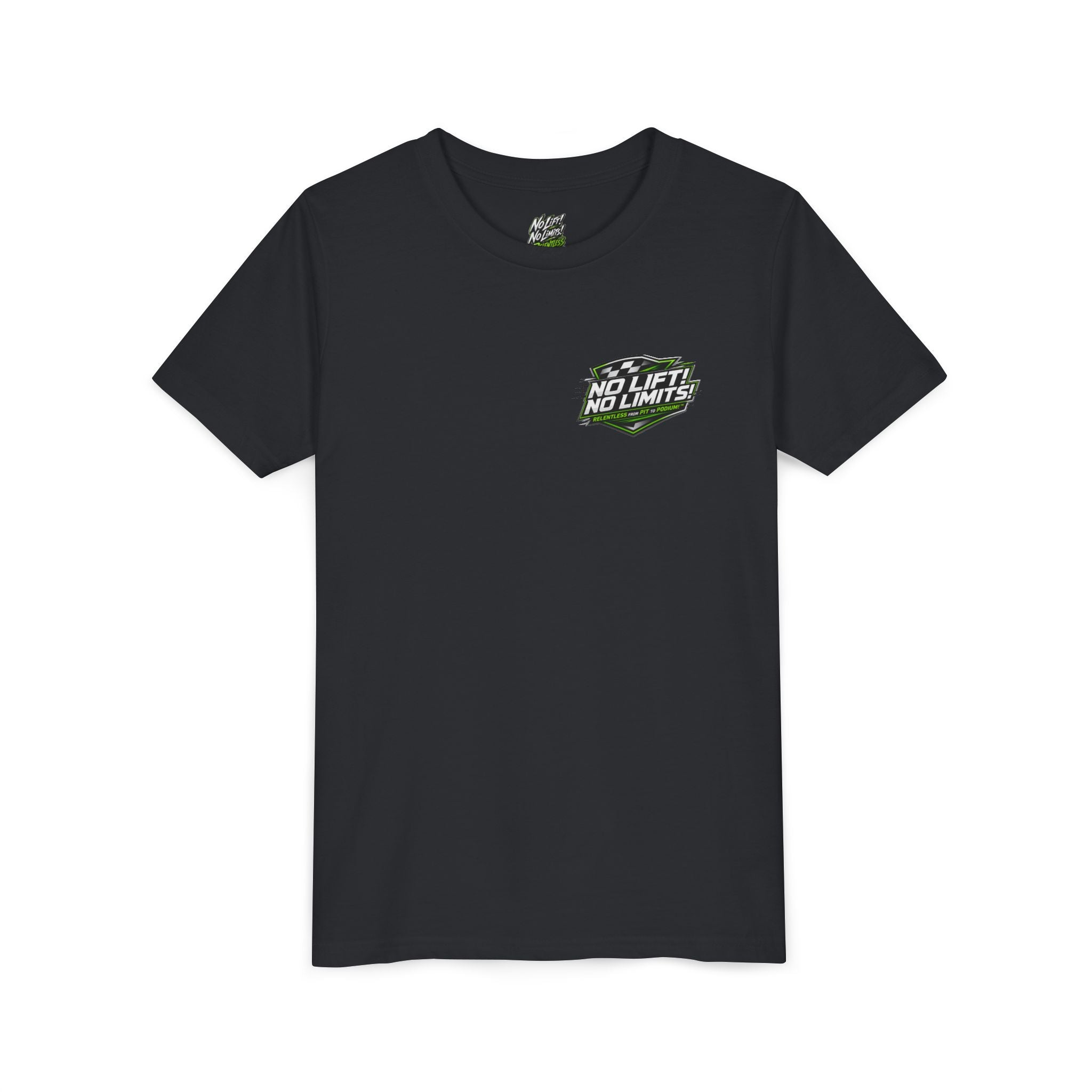 Youth Tee — "No Lift, No Limits" Green Go-Kart Racing Graphic