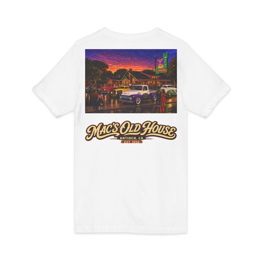 Mac's Old House V-Neck Tee — Retro Diner & Classic Cars Graphic Shirt