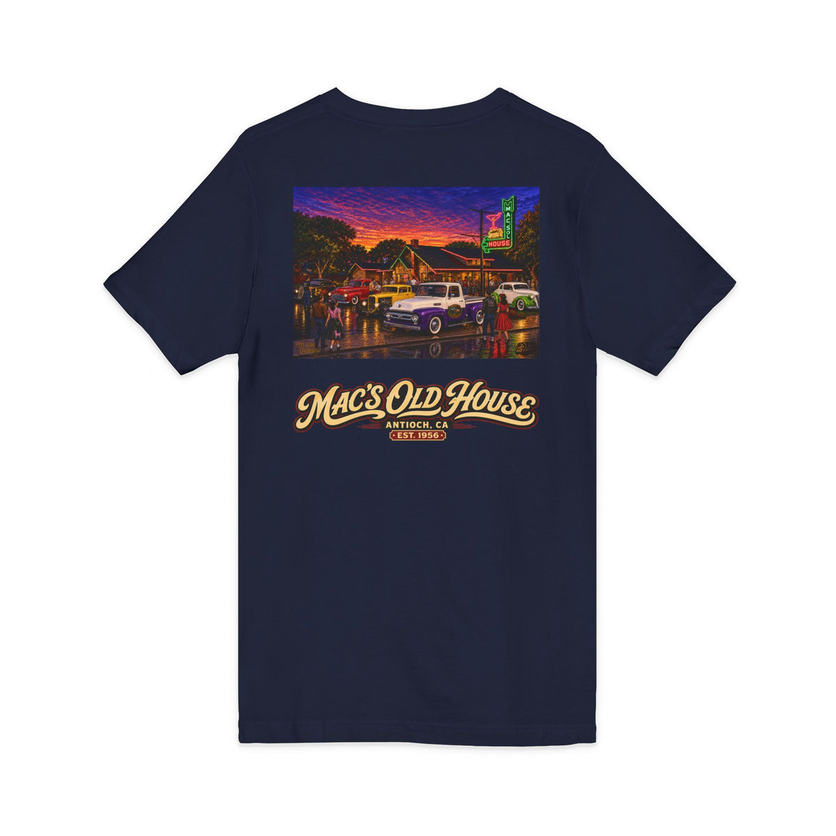 Mac's Old House V-Neck Tee — Retro Diner & Classic Cars Graphic Shirt