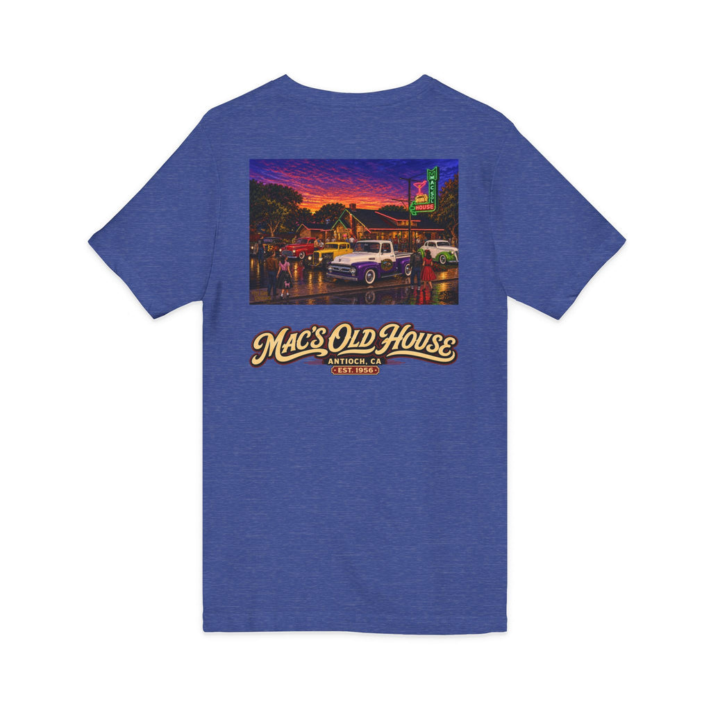 Mac's Old House V-Neck Tee — Retro Diner & Classic Cars Graphic Shirt
