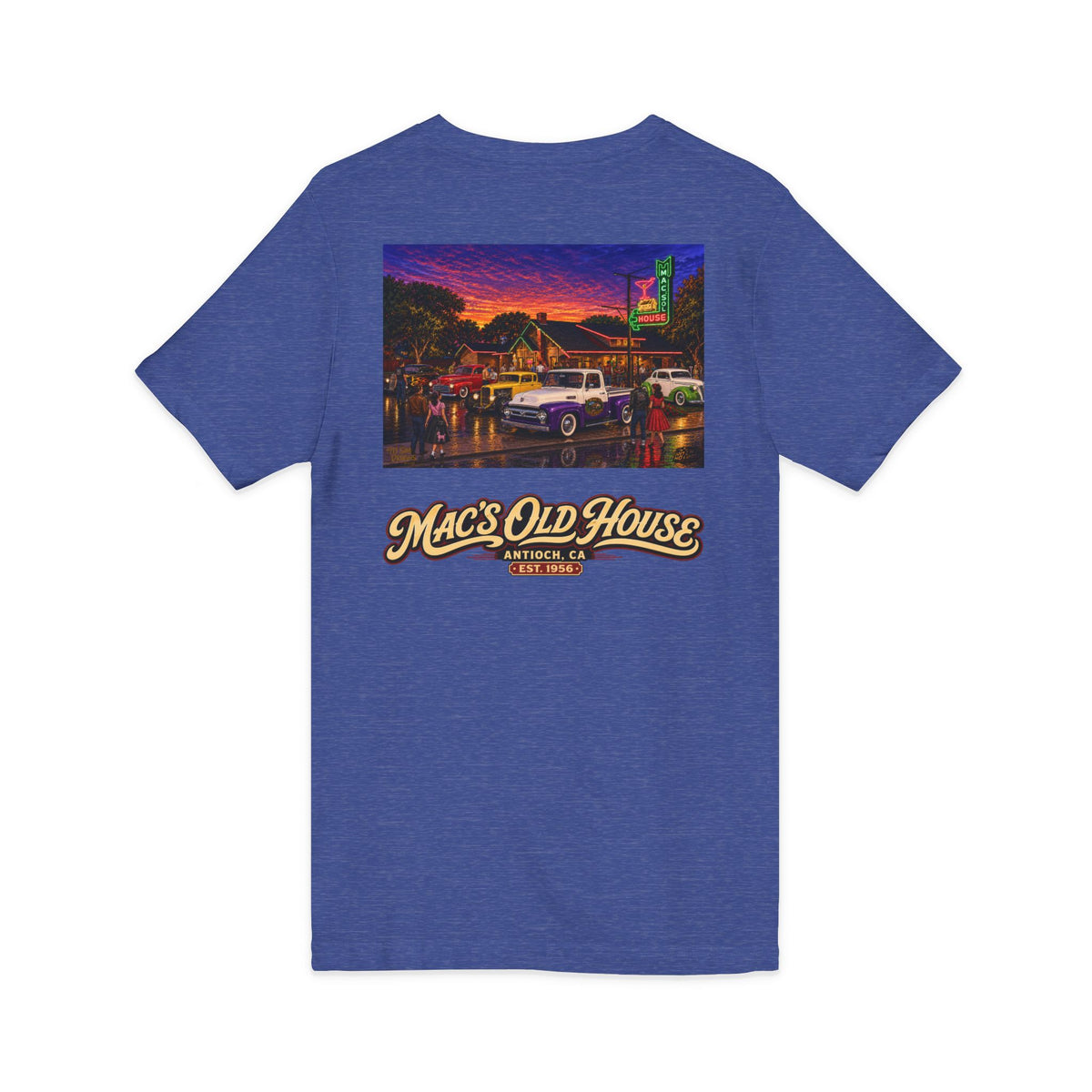 Mac's Old House V-Neck Tee — Retro Diner & Classic Cars Graphic Shirt