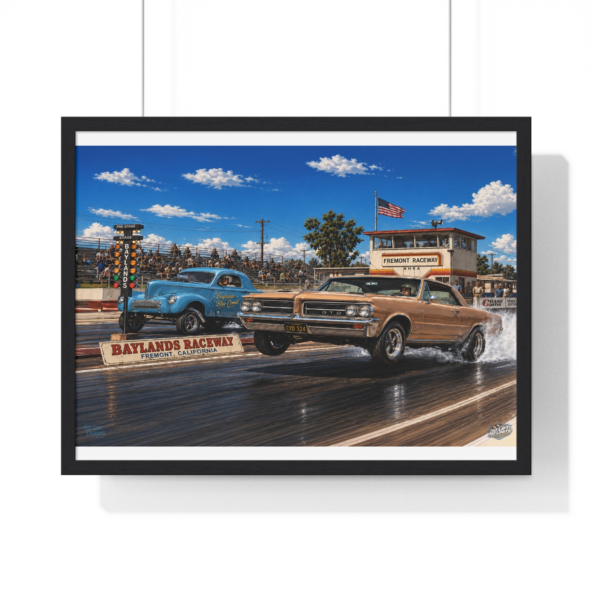 Drag Race Vintage Poster — Horizontal Framed Poster | Baylands Raceway Classic Cars Print