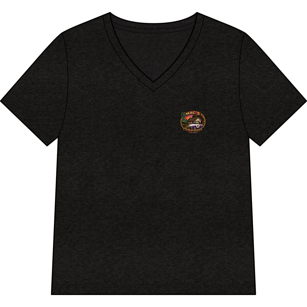 Mac’s Old House Vintage Car Tee — Classic Restaurant Logo V-Neck