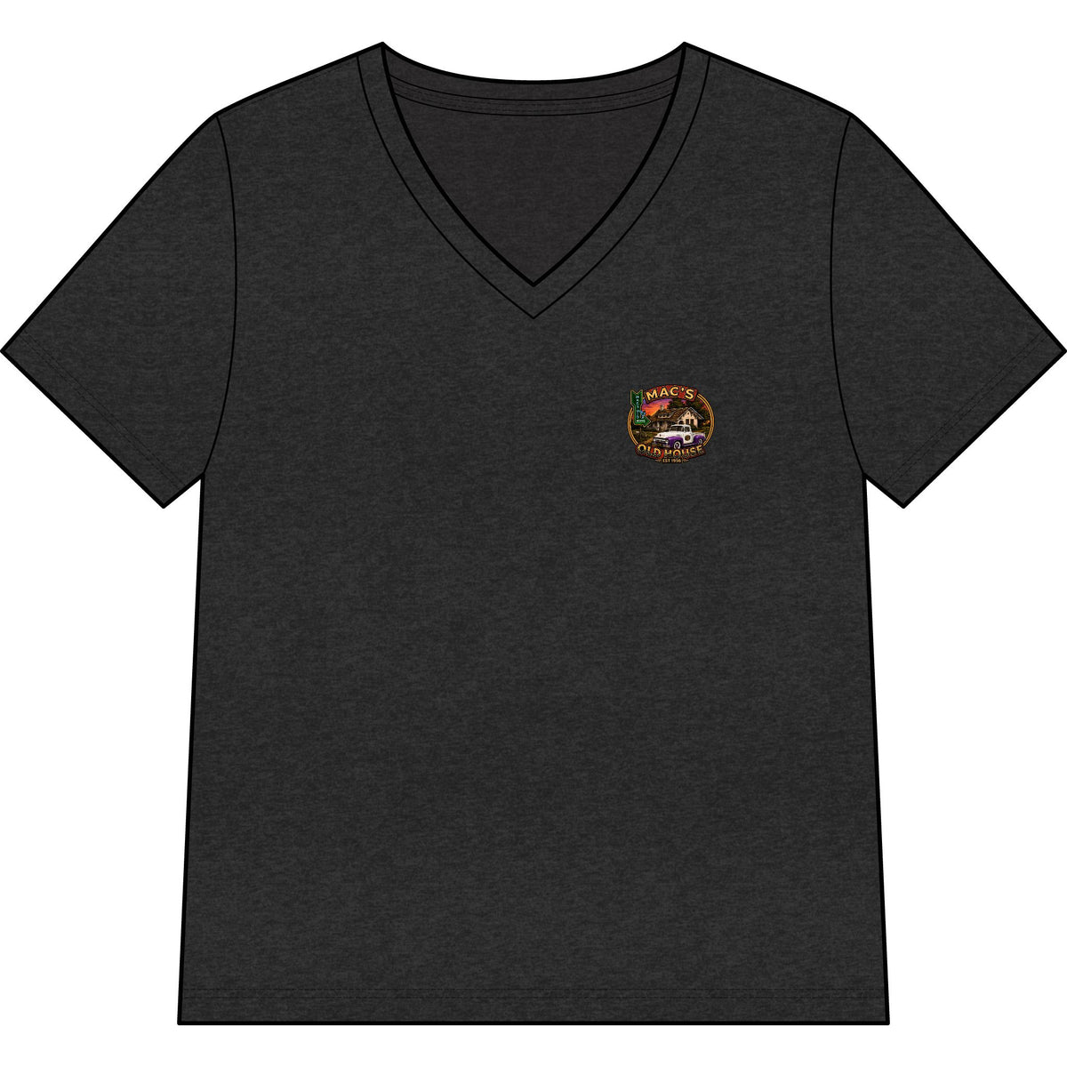 Mac’s Old House Vintage Car Tee — Classic Restaurant Logo V-Neck