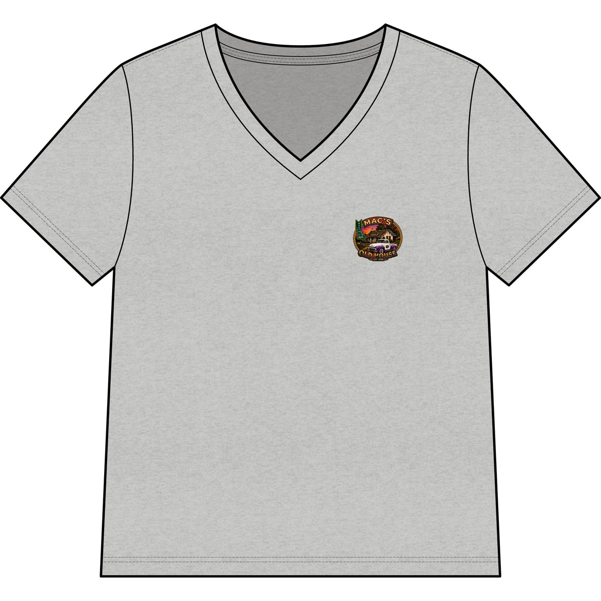 Mac’s Old House Vintage Car Tee — Classic Restaurant Logo V-Neck