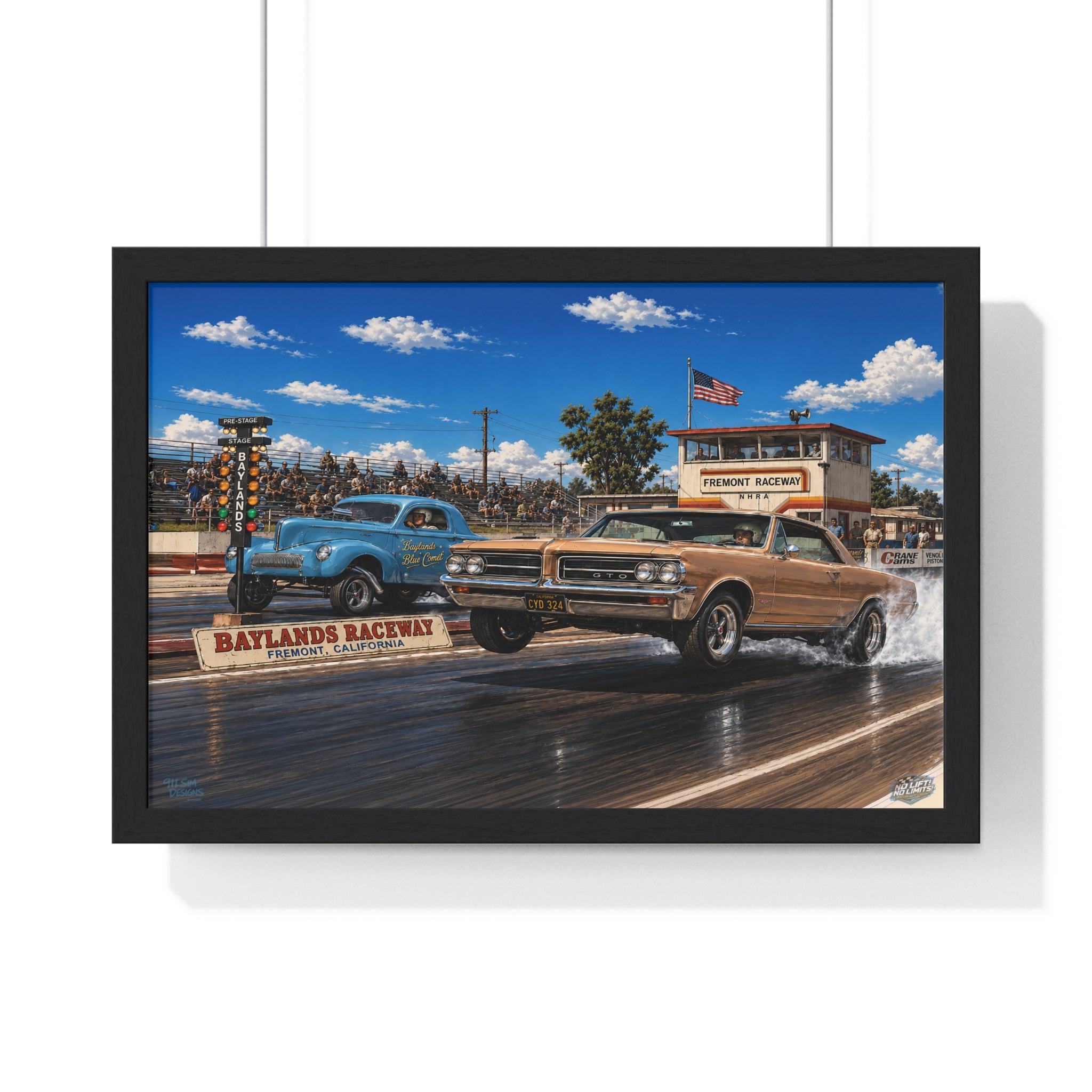 Drag Race Vintage Poster — Horizontal Framed Poster | Baylands Raceway Classic Cars Print