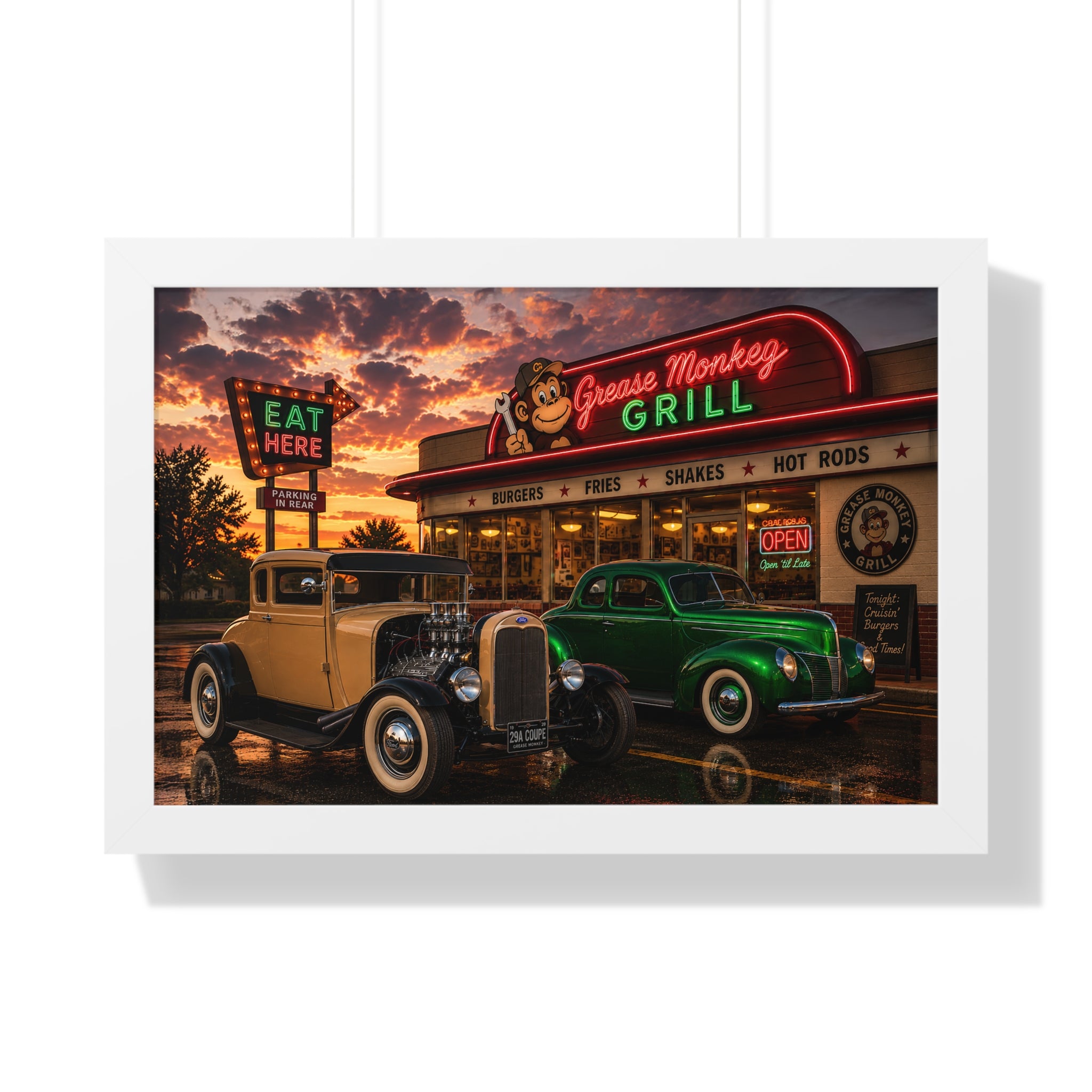 Vintage Diner Car Poster — Grease Monkey Grill Framed Horizontal Print
