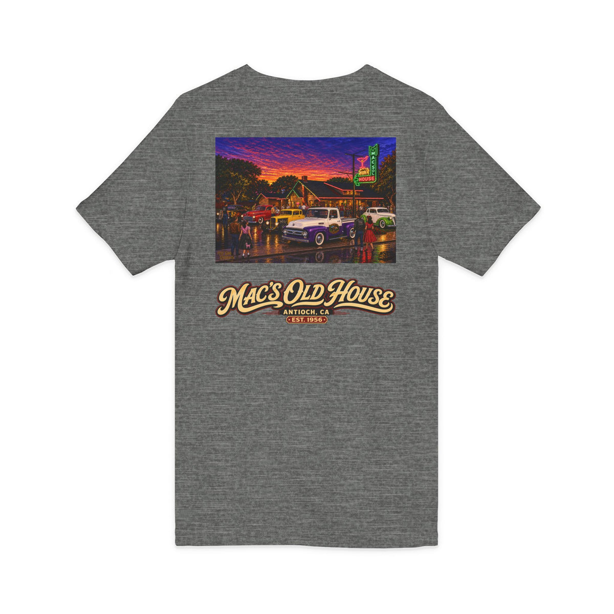 Mac's Old House V-Neck Tee — Retro Diner & Classic Cars Graphic Shirt