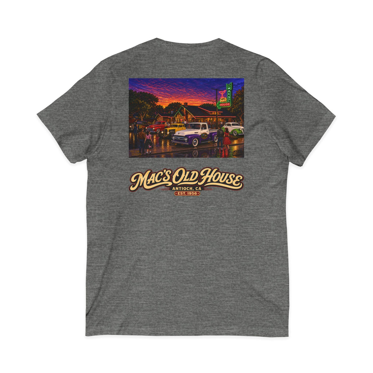 Mac's Old House V-Neck Tee — Retro Diner & Classic Cars Graphic Shirt