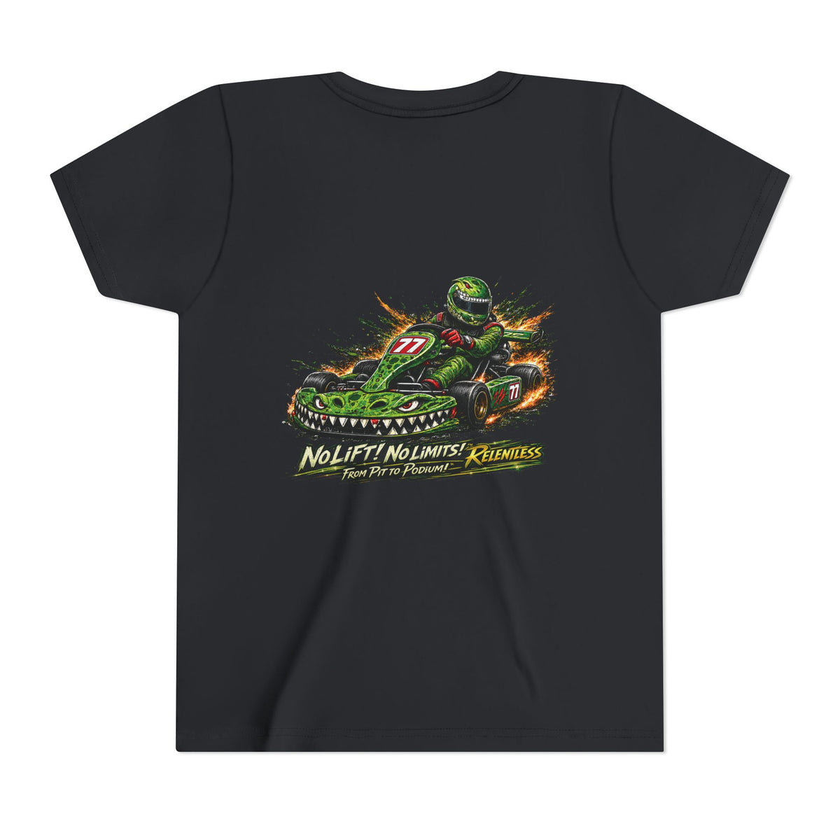 Youth Tee — "No Lift, No Limits" Green Go-Kart Racing Graphic