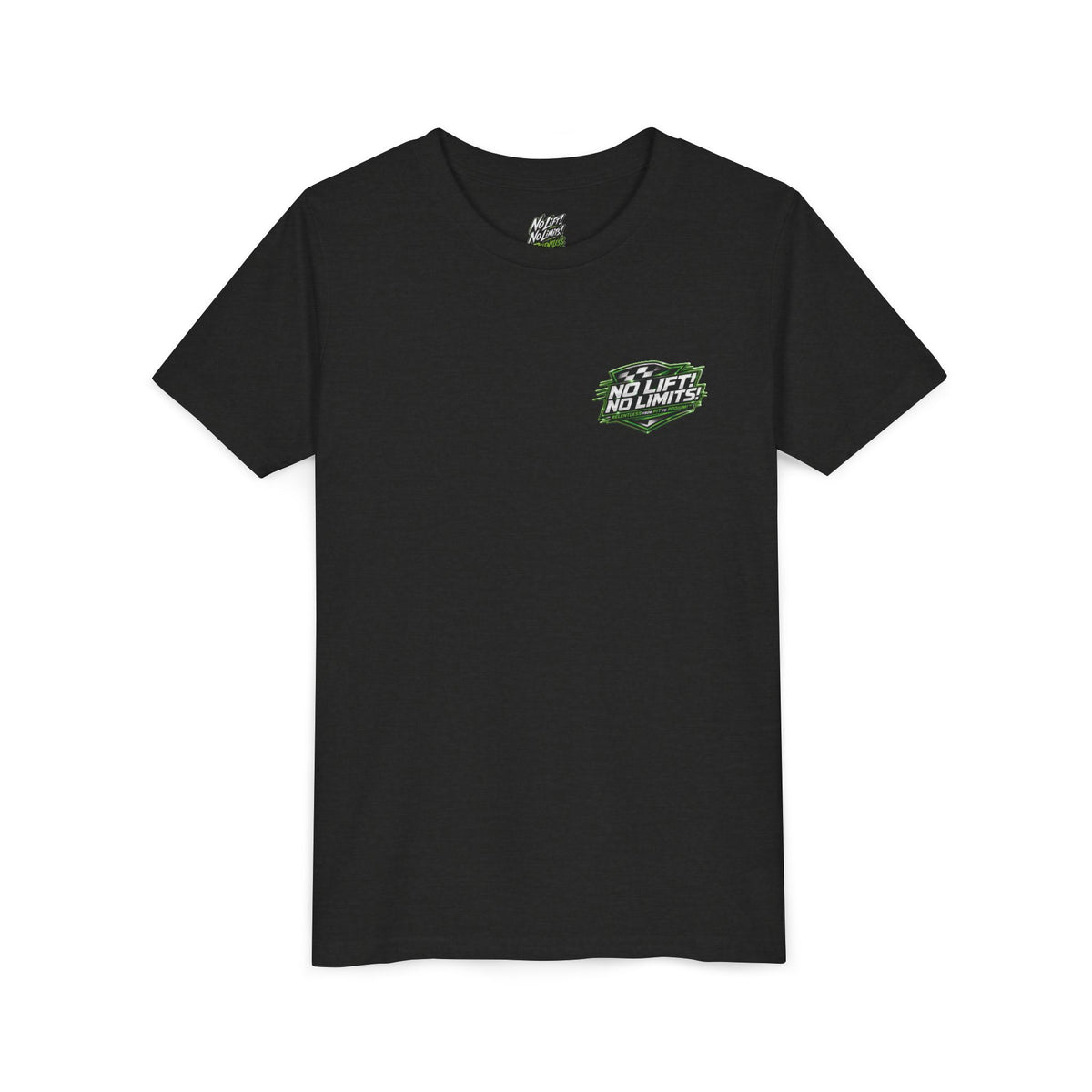 Youth Tee — "No Lift, No Limits" Green Go-Kart Racing Graphic