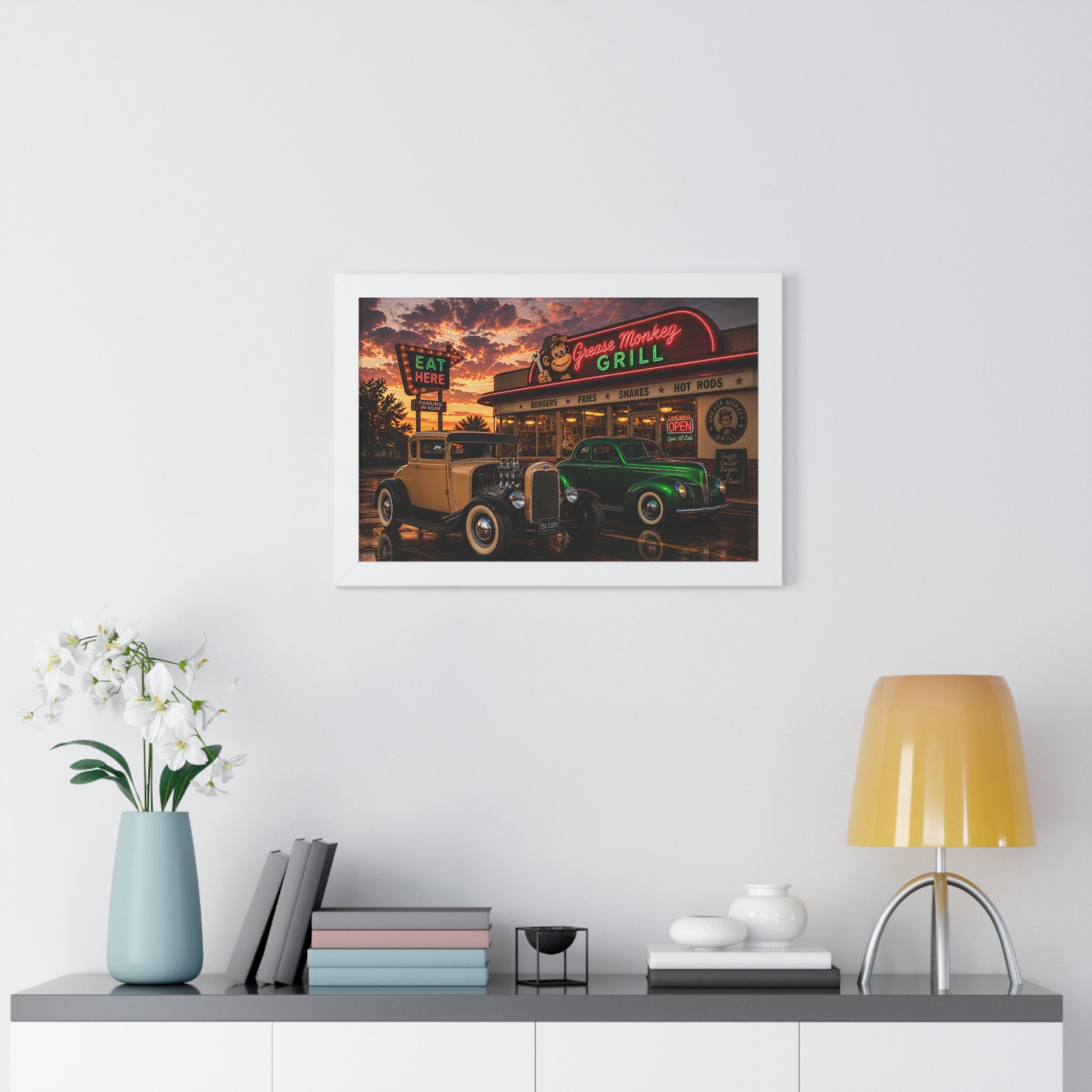 Vintage Diner Car Poster — Grease Monkey Grill Framed Horizontal Print