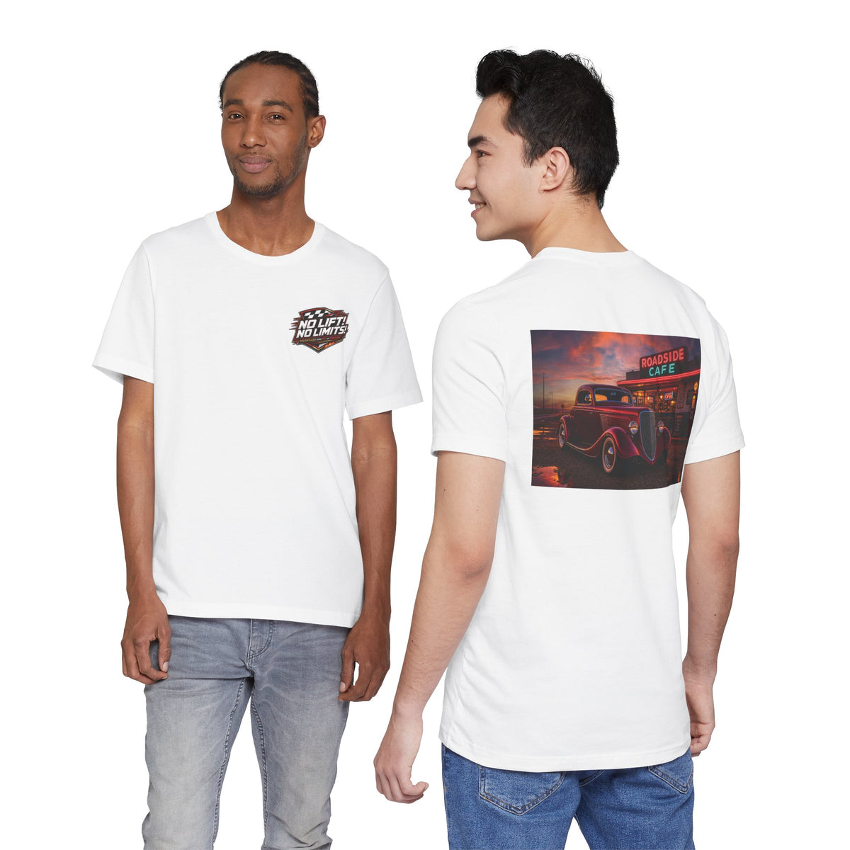 Classic Car Tee – 'No Limits' Retro Roadside Café Graphic Shirt