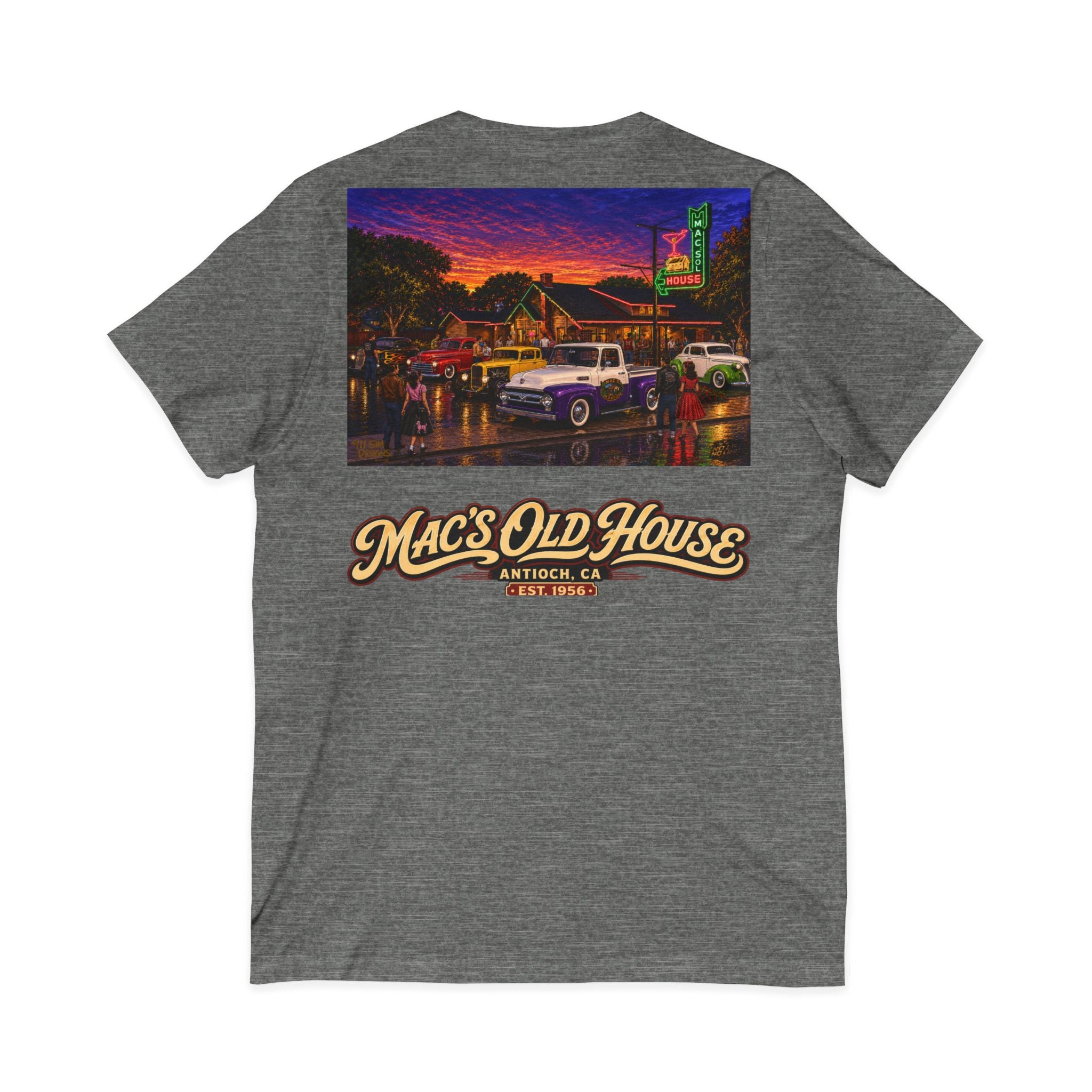 Mac's Old House V-Neck Tee — Retro Diner & Classic Cars Graphic Shirt