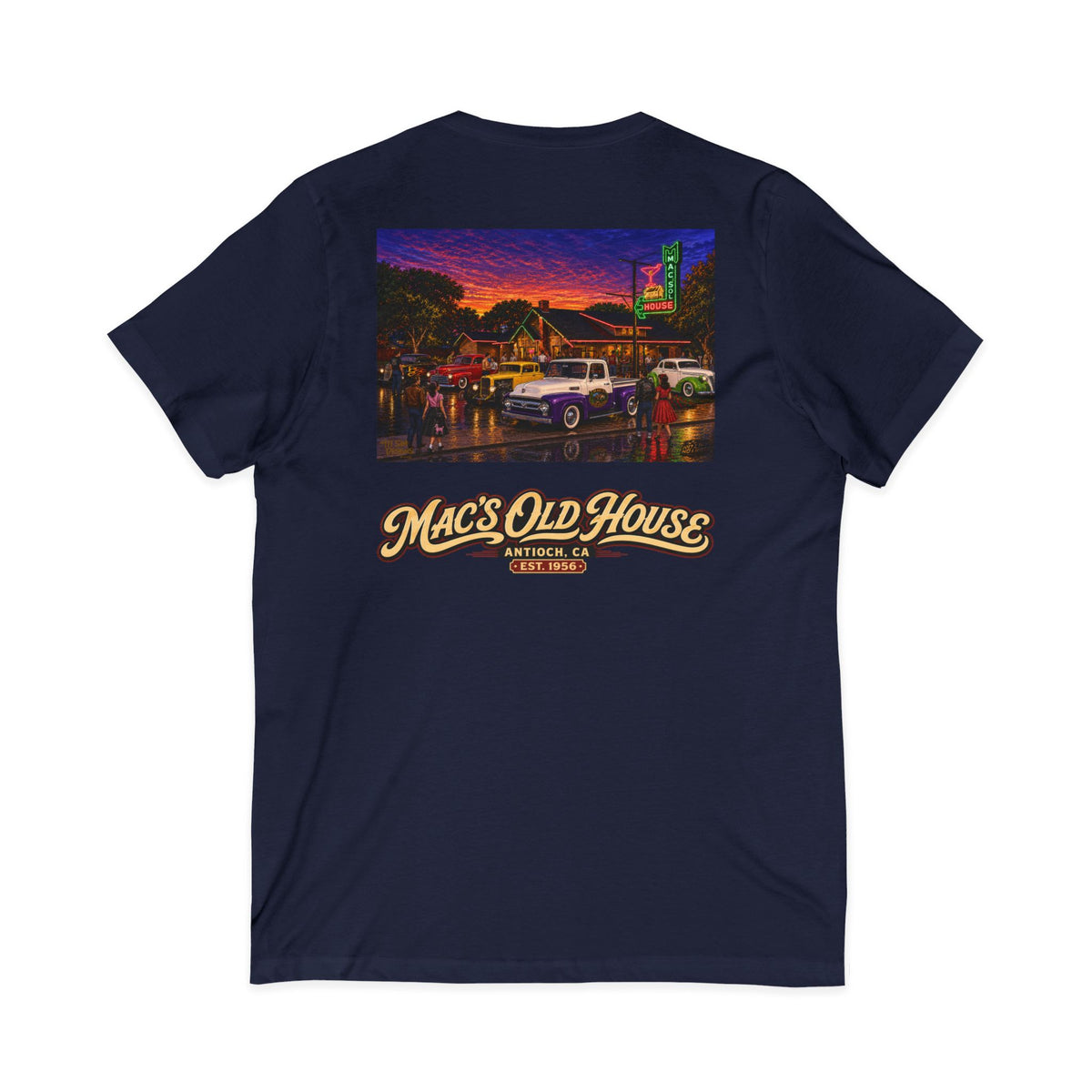Mac's Old House V-Neck Tee — Retro Diner & Classic Cars Graphic Shirt