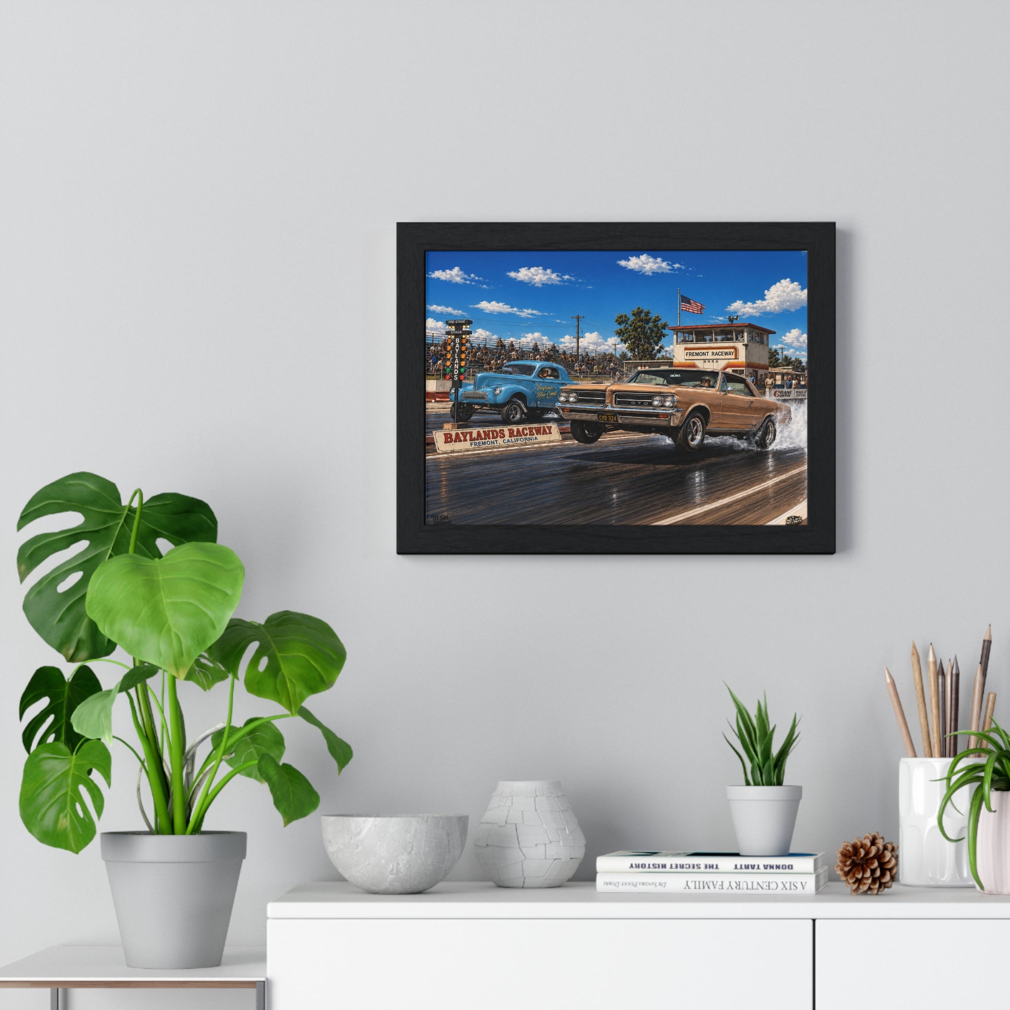 Drag Race Vintage Poster — Horizontal Framed Poster | Baylands Raceway Classic Cars Print