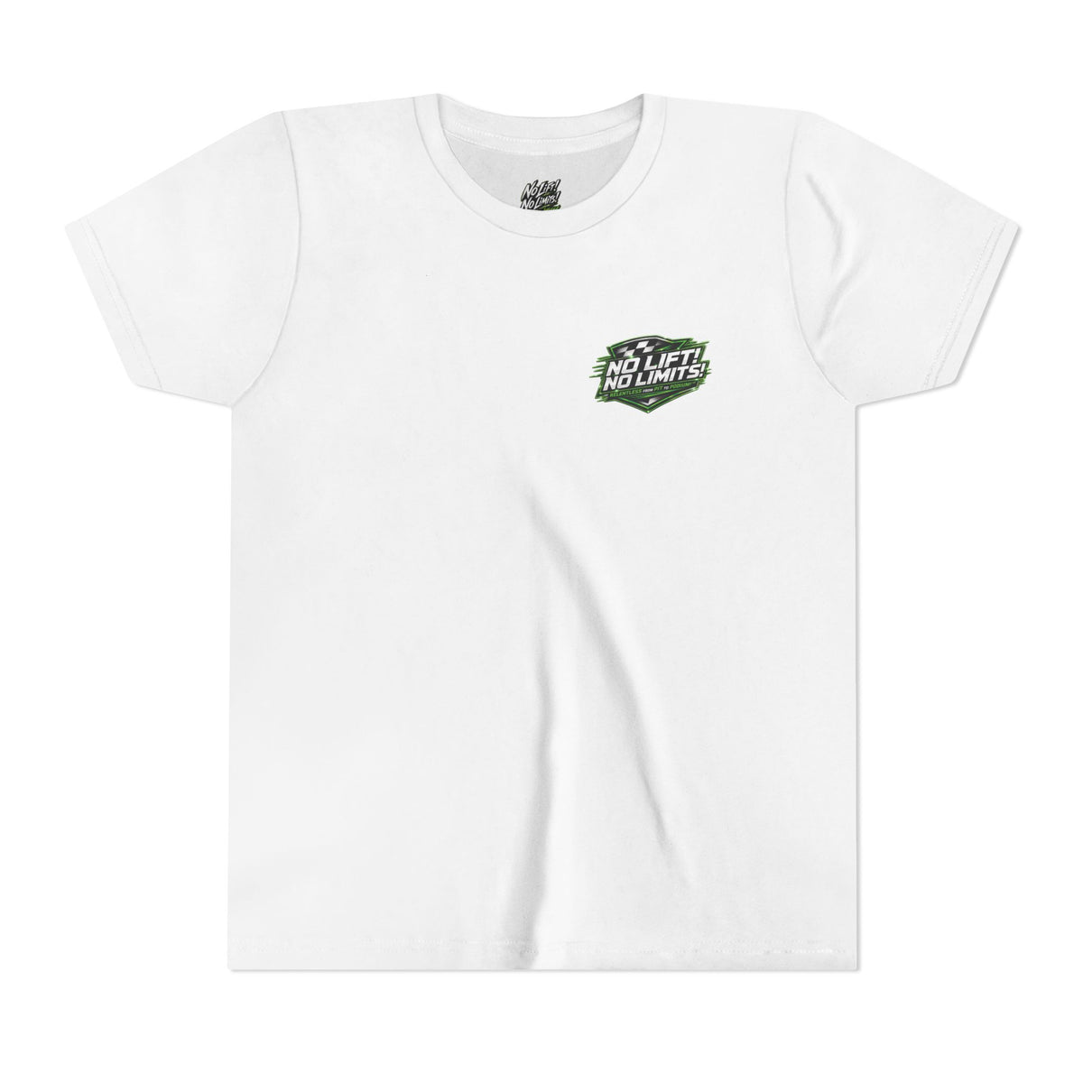 Youth Tee — "No Lift, No Limits" Green Go-Kart Racing Graphic