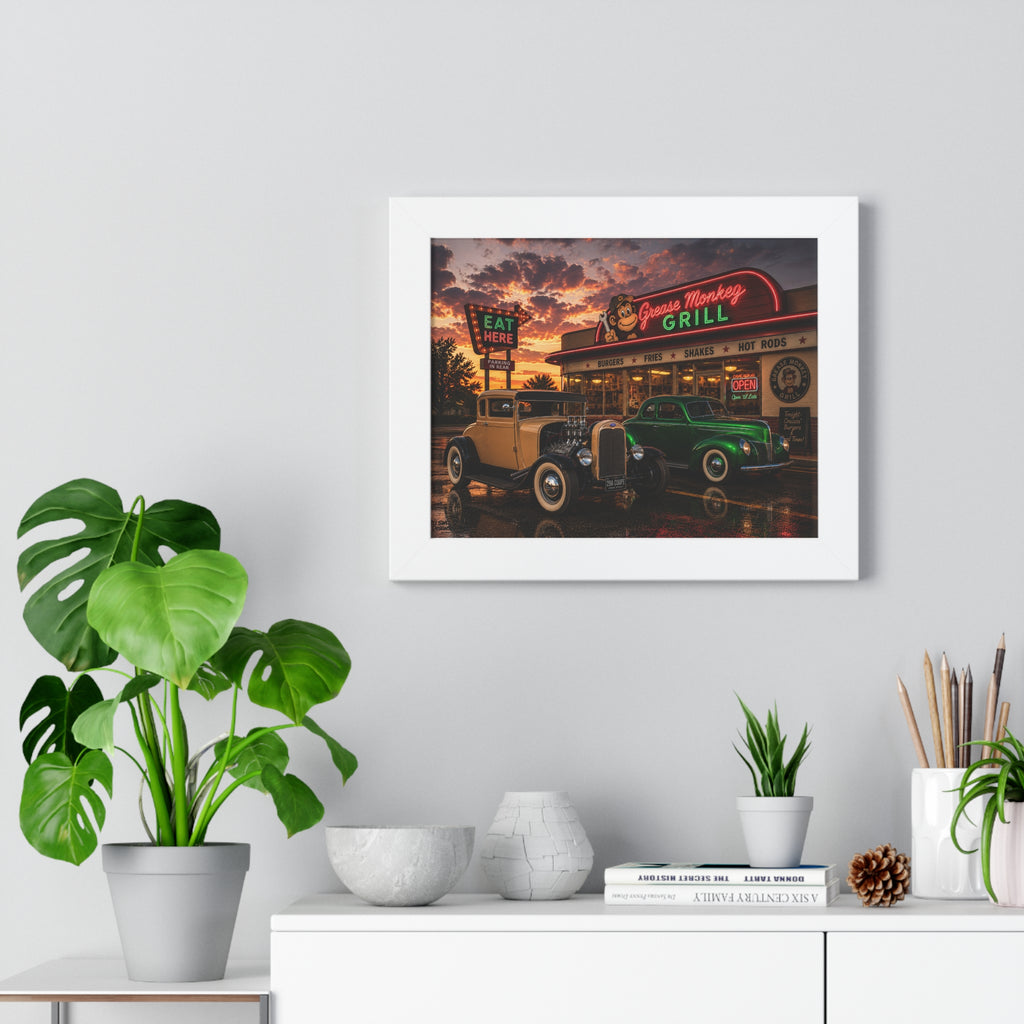 Vintage Diner Car Poster — Grease Monkey Grill Framed Horizontal Print