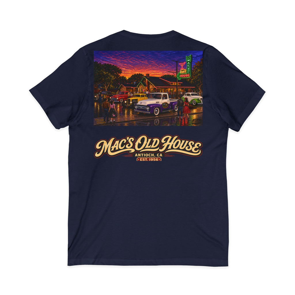 Mac's Old House V-Neck Tee — Retro Diner & Classic Cars Graphic Shirt