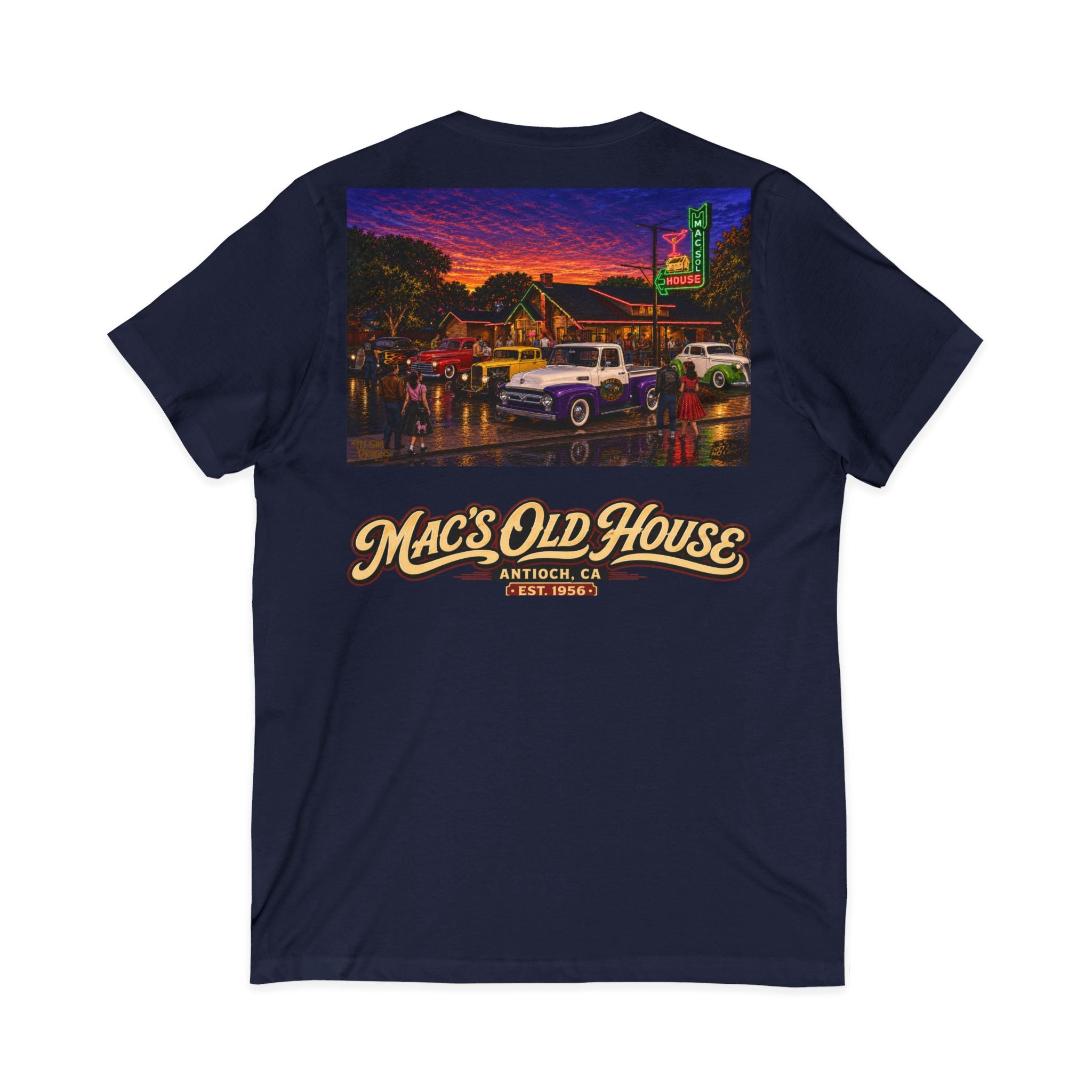 Mac's Old House V-Neck Tee — Retro Diner & Classic Cars Graphic Shirt