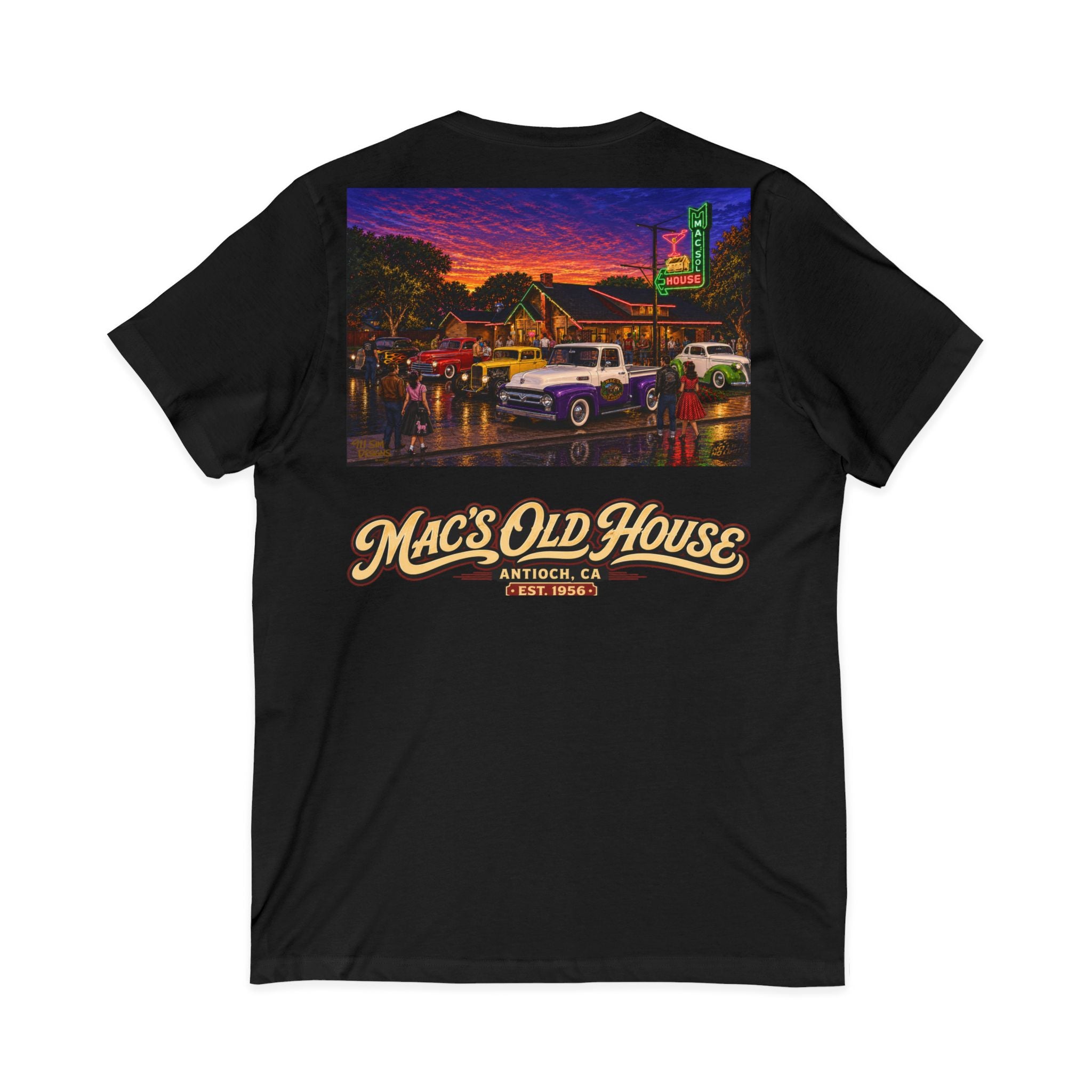Mac's Old House V-Neck Tee — Retro Diner & Classic Cars Graphic Shirt