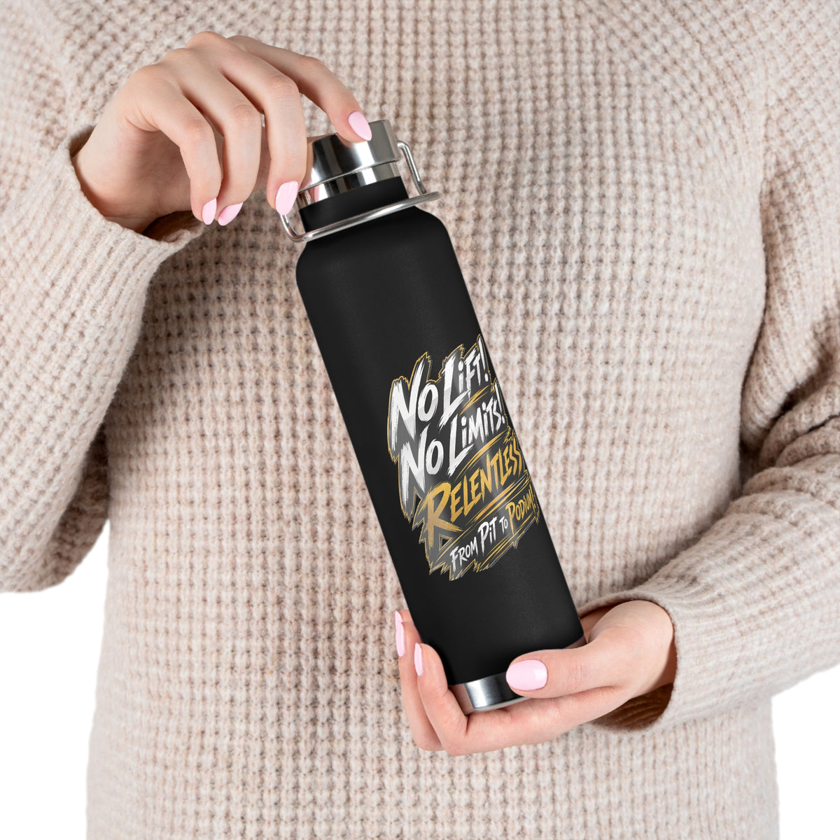 22oz Insulated Water Bottle — “No Limits, Relentless” Motivational Sport Bottle
