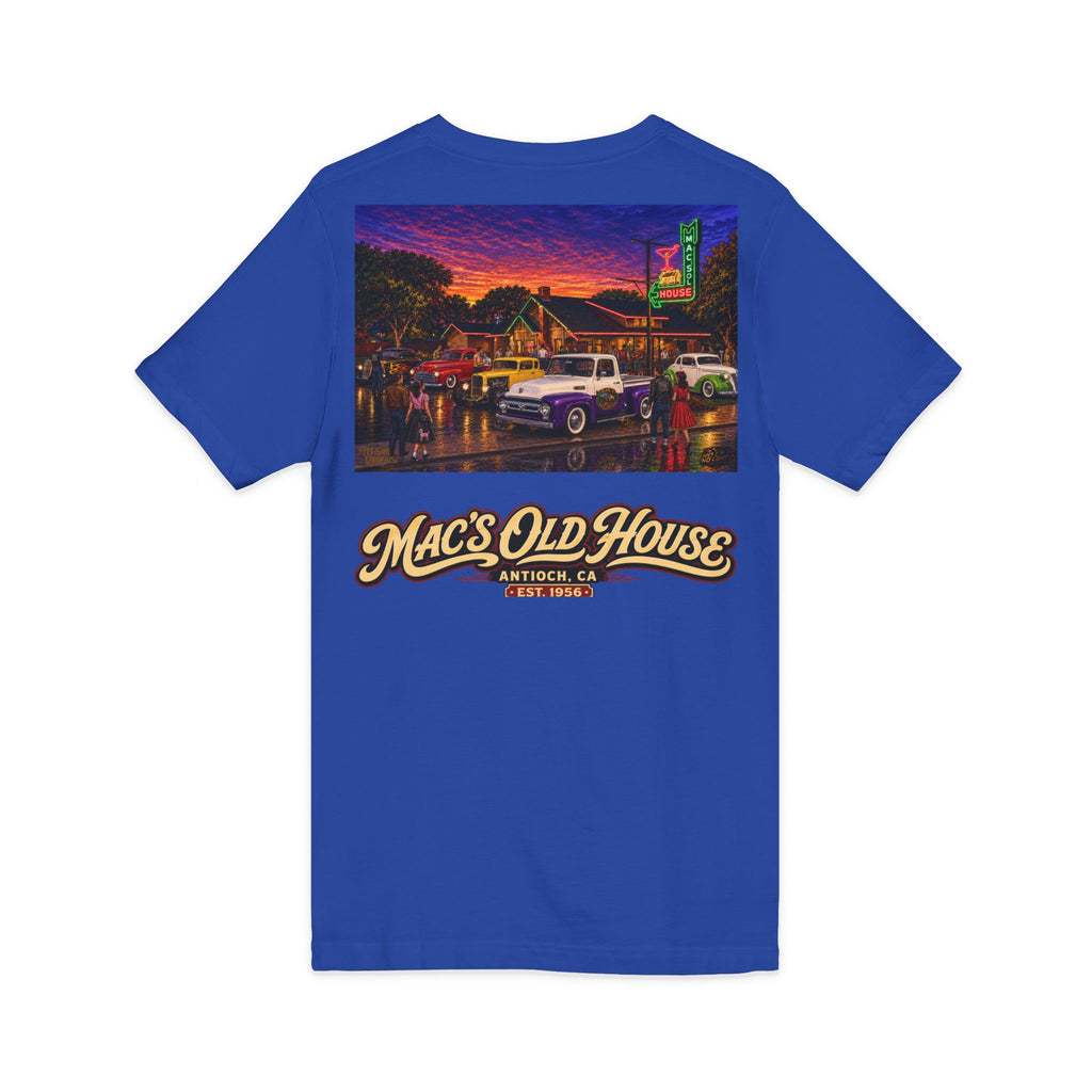 Mac's Old House V-Neck Tee — Retro Diner & Classic Cars Graphic Shirt