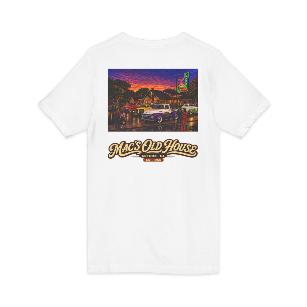 Mac's Old House V-Neck Tee — Retro Diner & Classic Cars Graphic Shirt