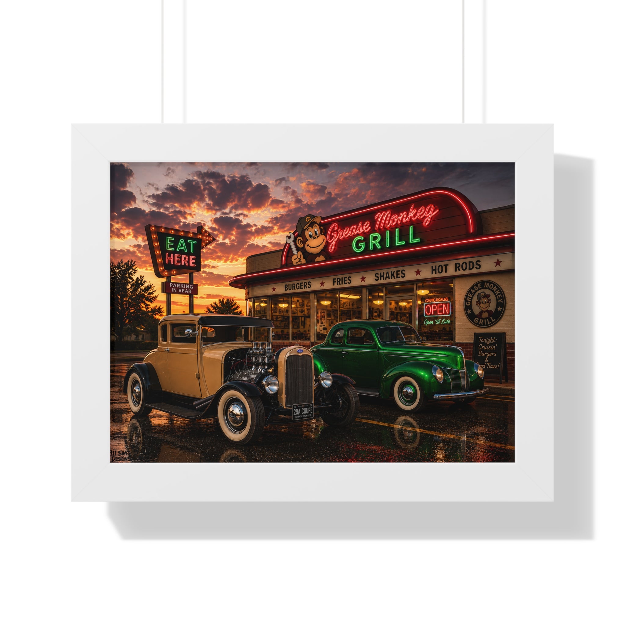 Vintage Diner Car Poster — Grease Monkey Grill Framed Horizontal Print