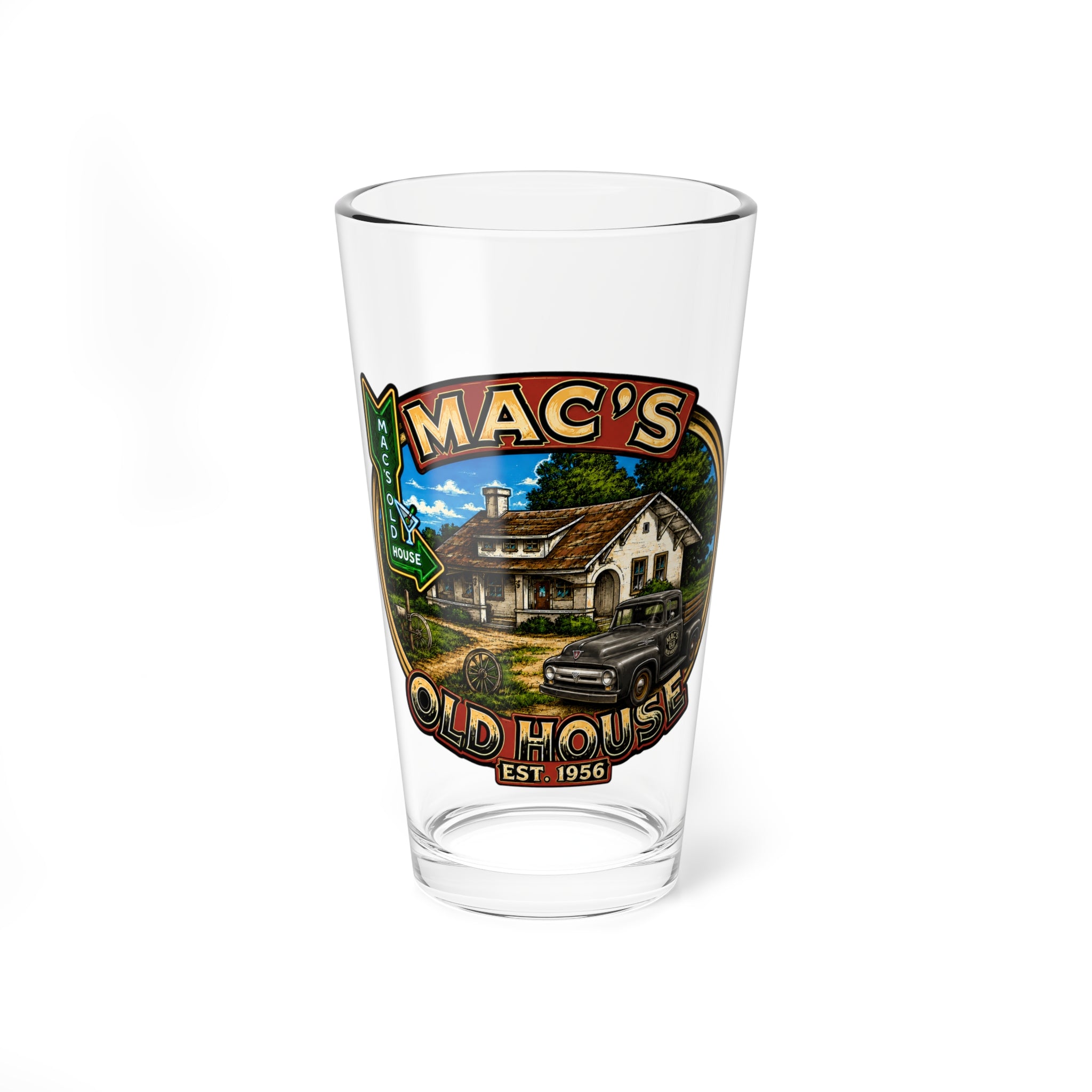 Mixing Glass - Mac’s Old House 16oz Pint Glass with Retro House