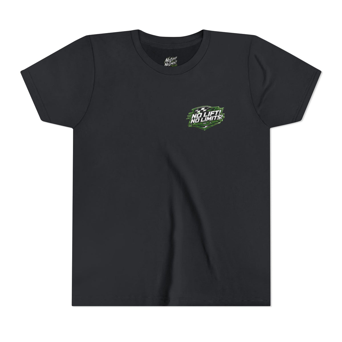 Youth Tee — "No Lift, No Limits" Green Go-Kart Racing Graphic