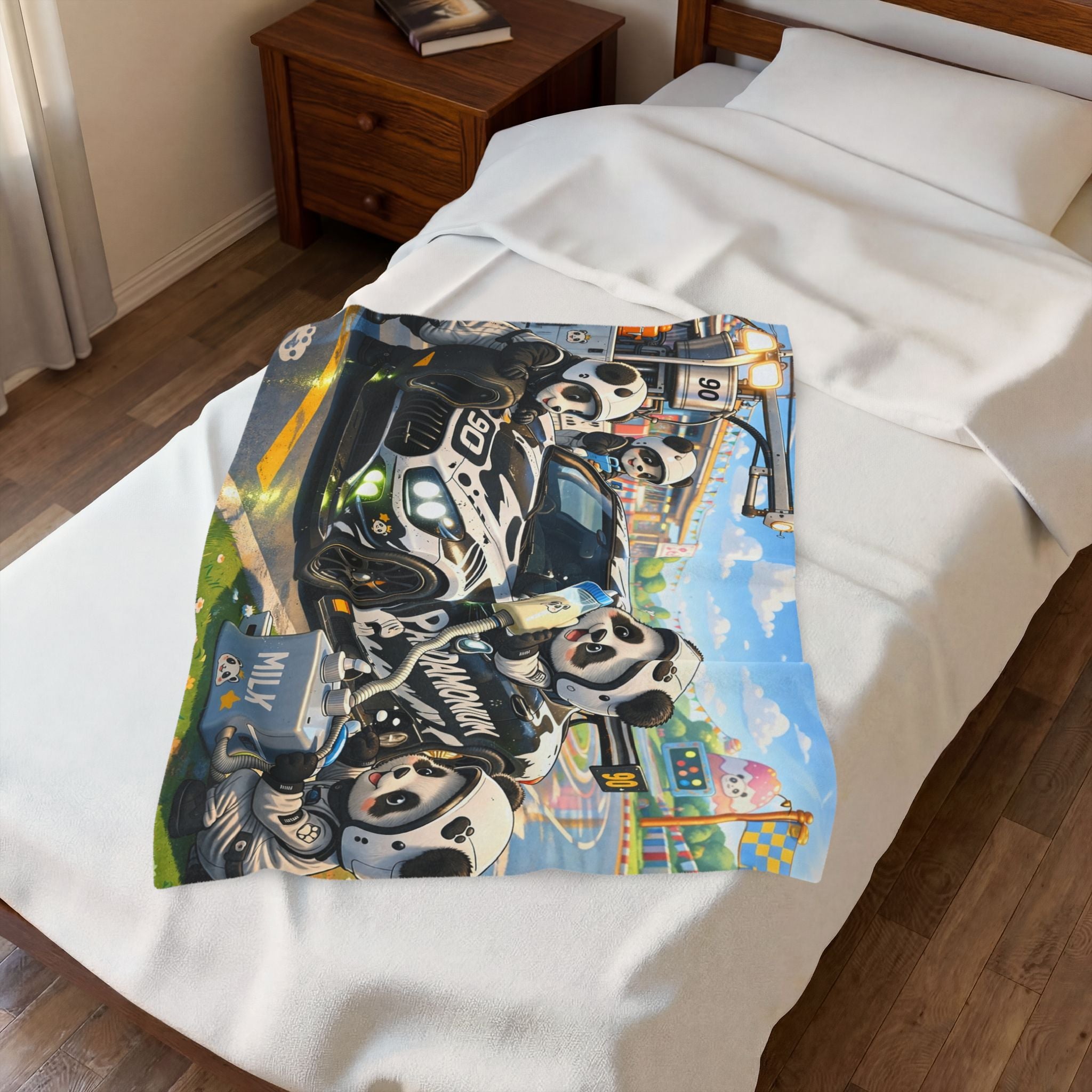 Pandamonium Milk Refill Racing Blanket— Cute Racing Cartoon Throw for Kids