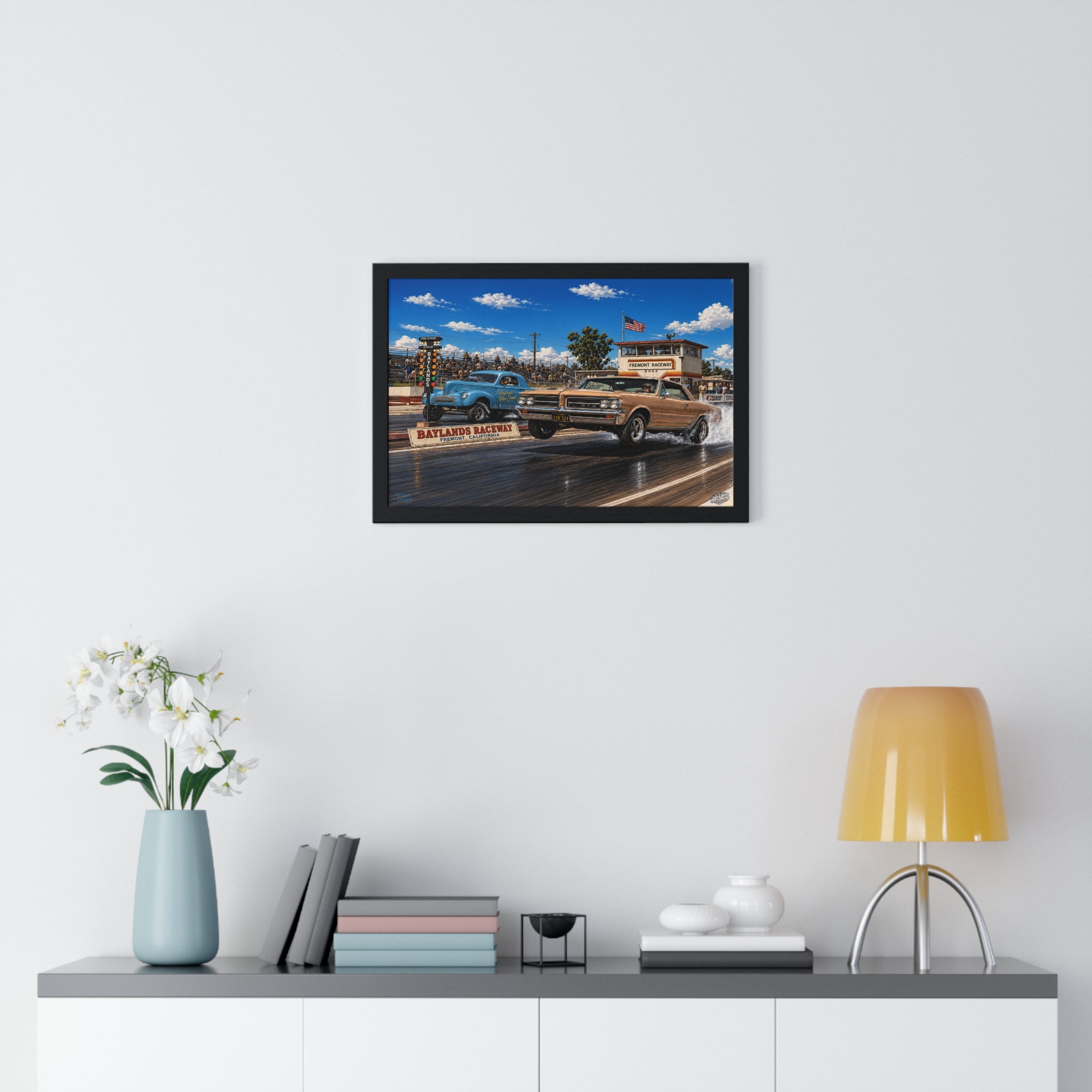 Drag Race Vintage Poster — Horizontal Framed Poster | Baylands Raceway Classic Cars Print