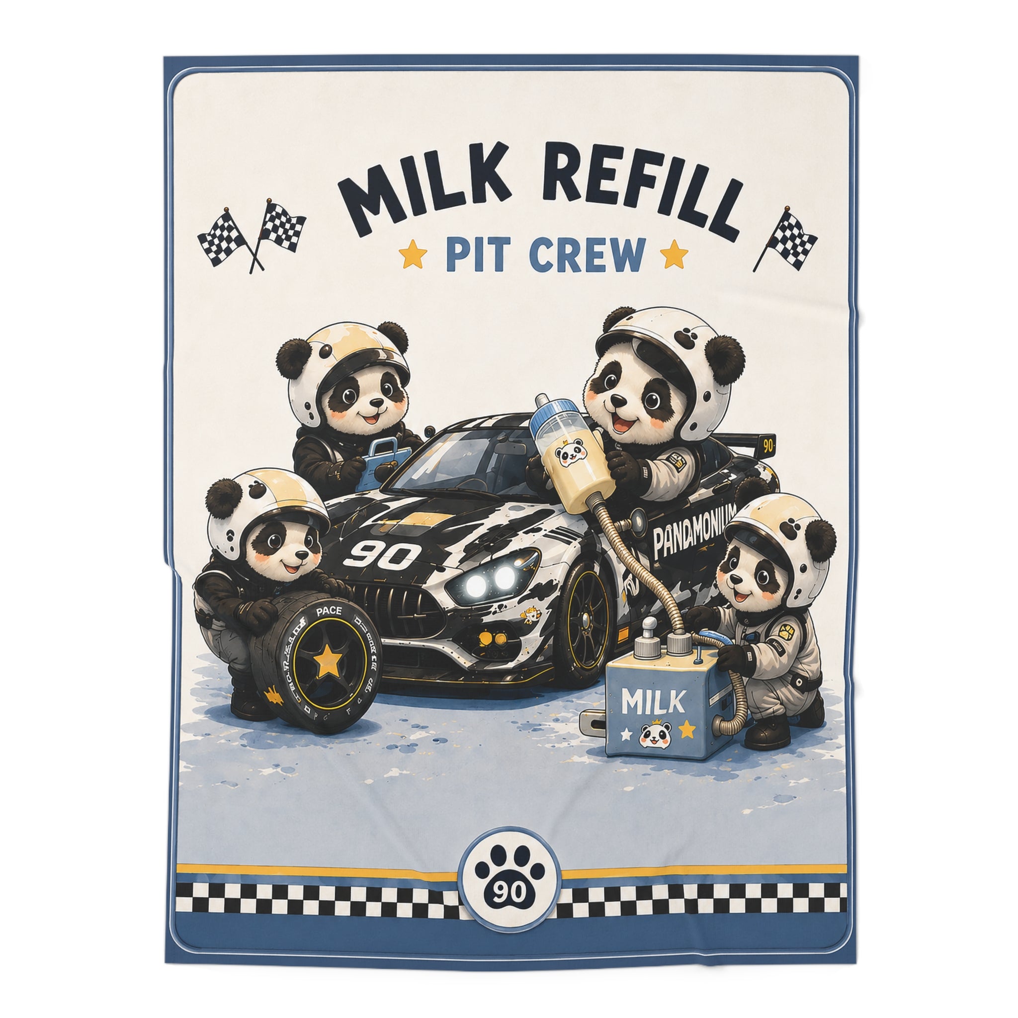 Baby Swaddle Blanket — "Milk Refill Pit Crew" Cute Racing Panda Newborn Wrap