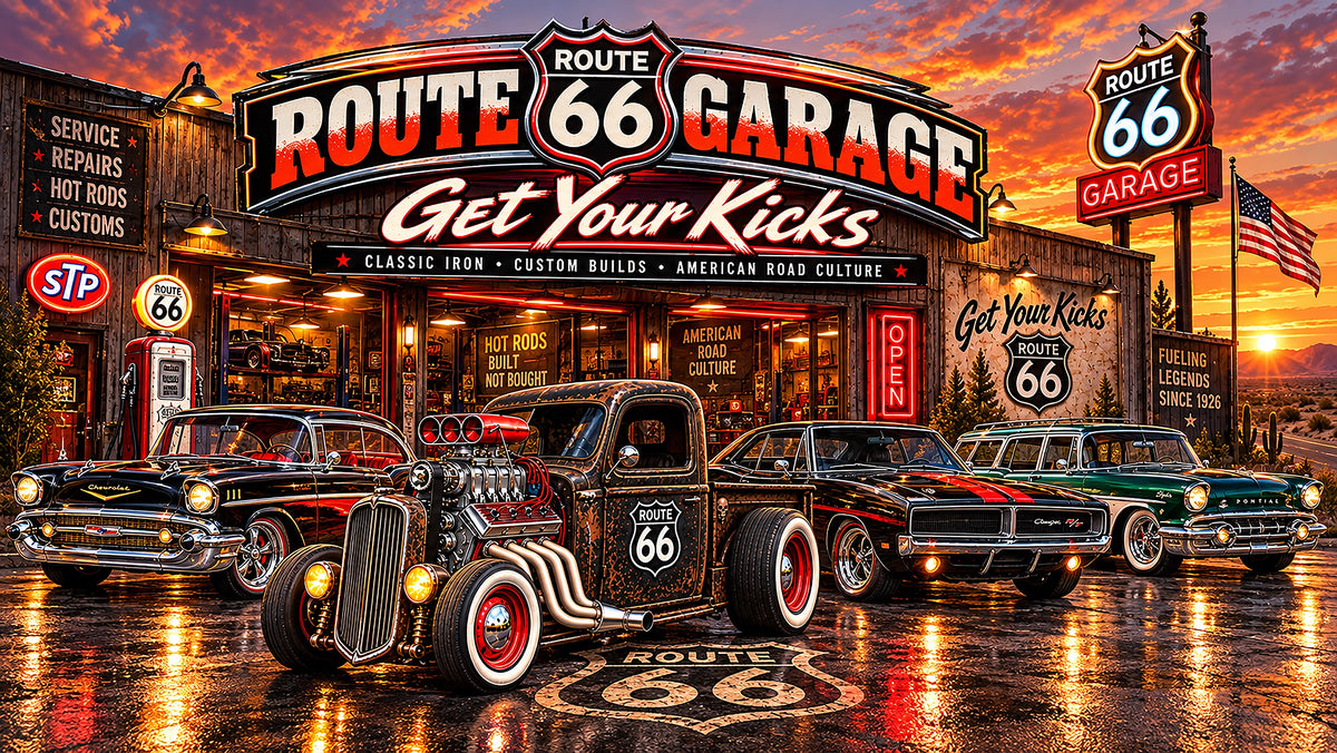 Route 66 Garage collection hero with featured custom cars